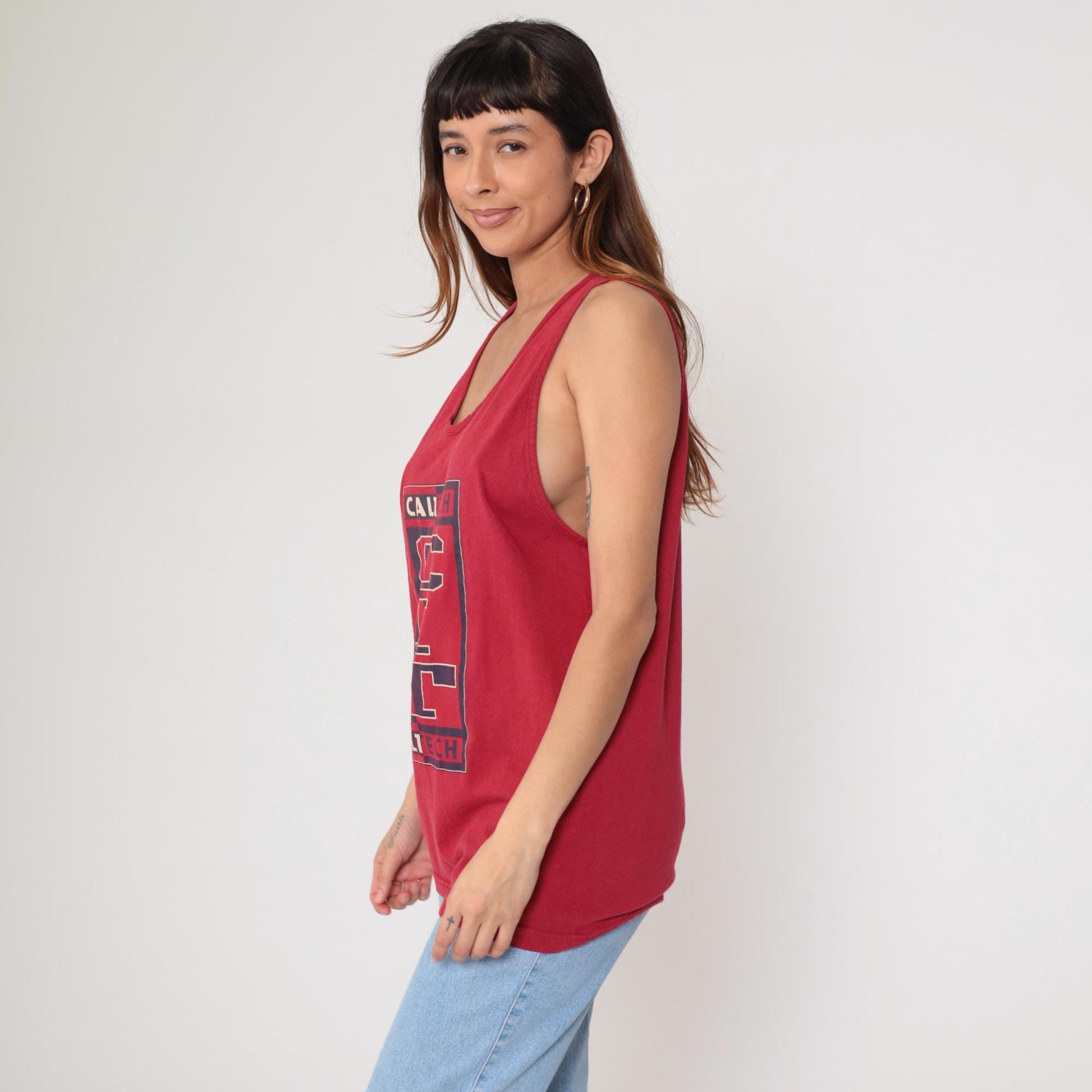 90s Caltech University Tank Top Red Cotton Graphic Racerback Large L