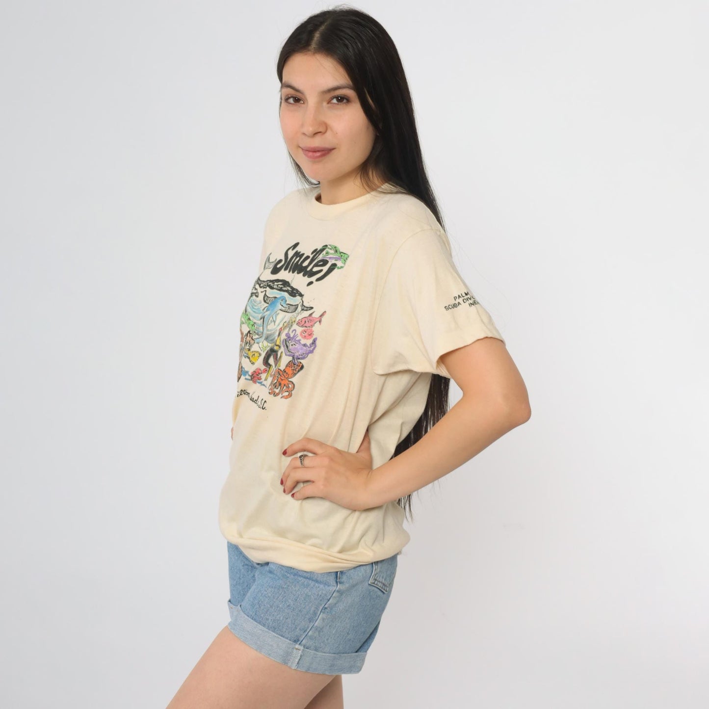 80s Hilton Head Scuba Diving T-Shirt Xpres Knits Cream Graphic Large