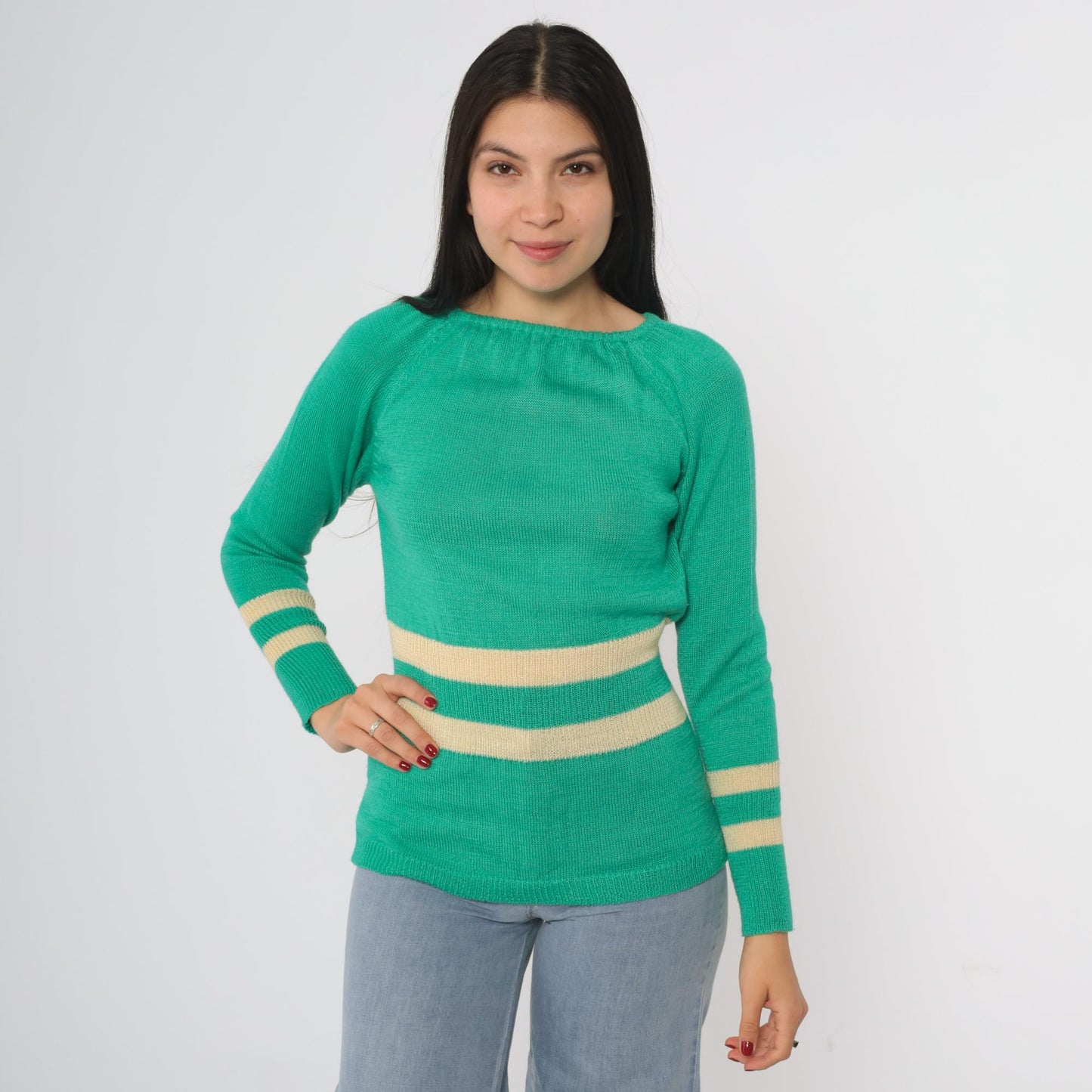 80s Penrose Emerald Green Striped Boat Neck Sweater Cream Small