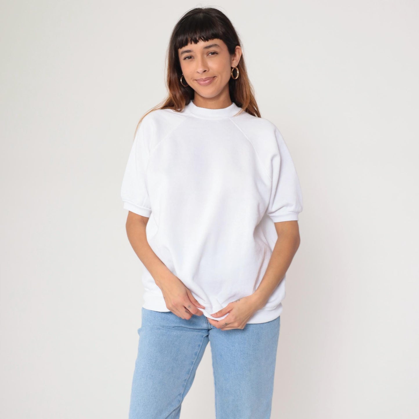 80s White Short Sleeve Sweatshirt Raglan Crewneck Large L