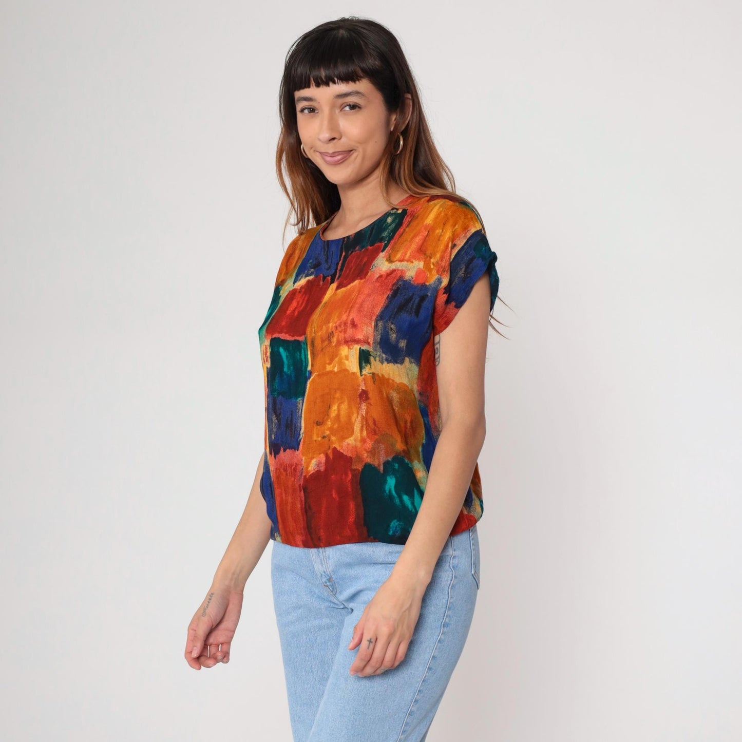 90s Watercolor Abstract Blouse Multicolor Brushstroke Rayon Short Sleeve Small S