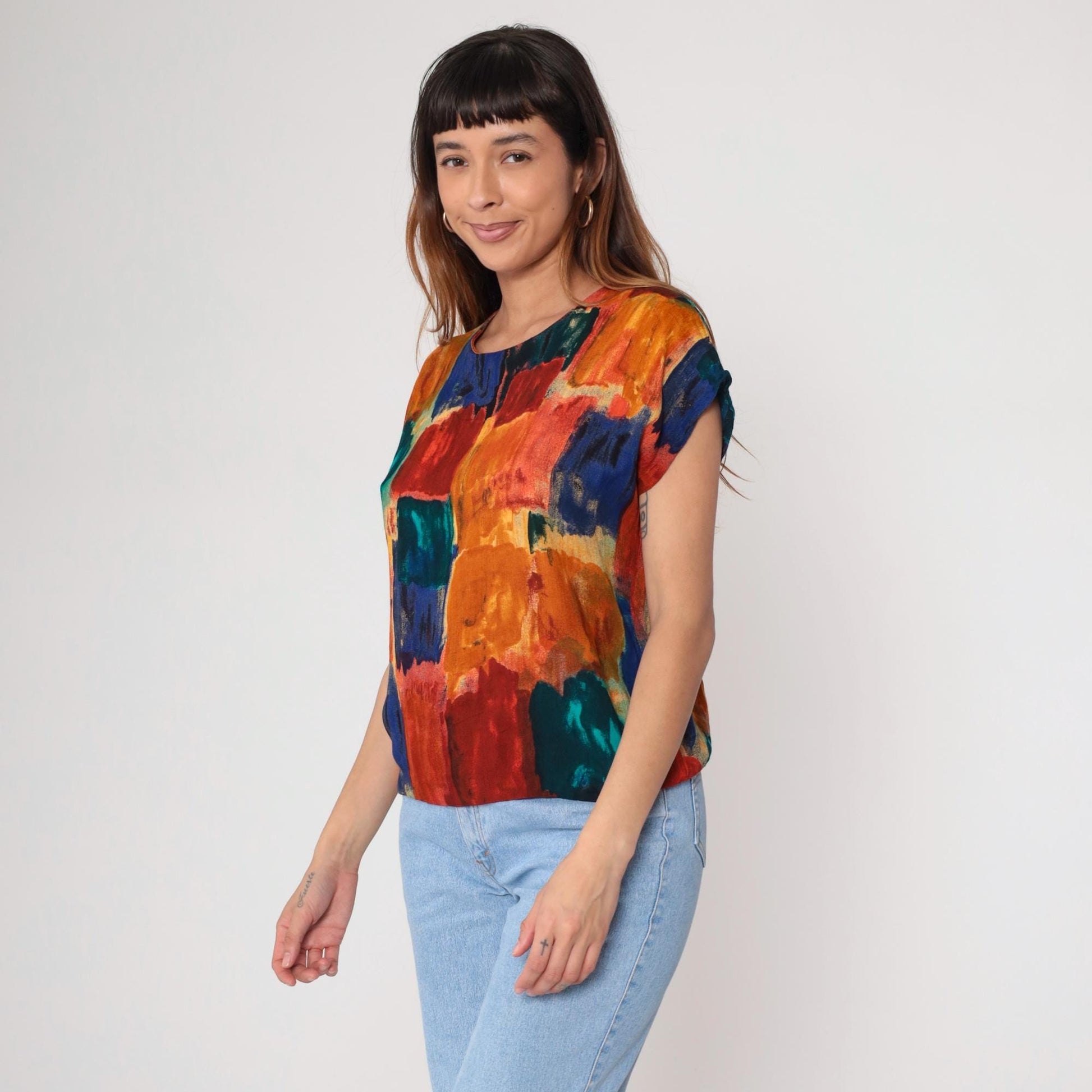 90s Watercolor Abstract Blouse Multicolor Brushstroke Rayon Short Sleeve Small S