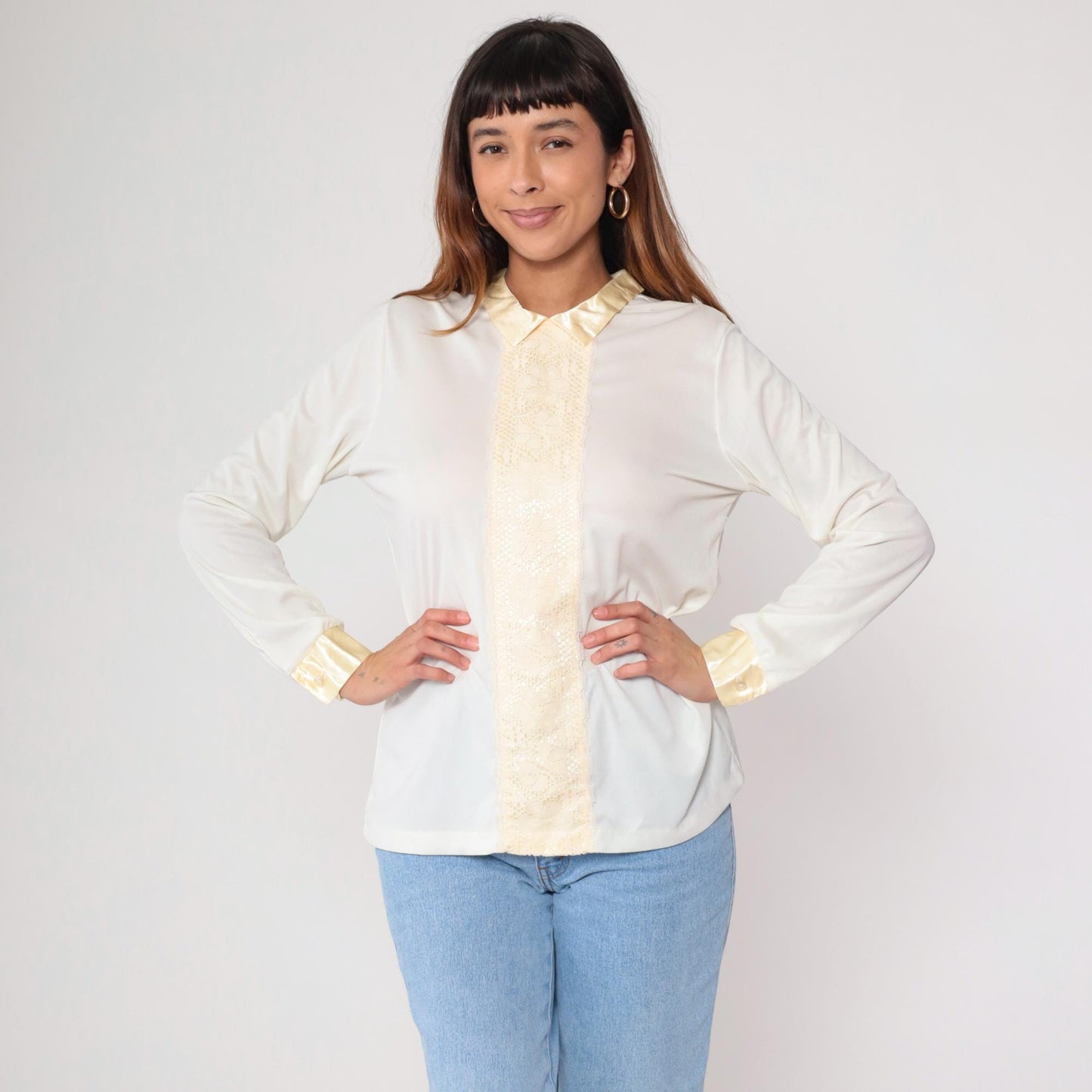 70s White Cream Lace Prairie Blouse Button Up Long Sleeve Medium M