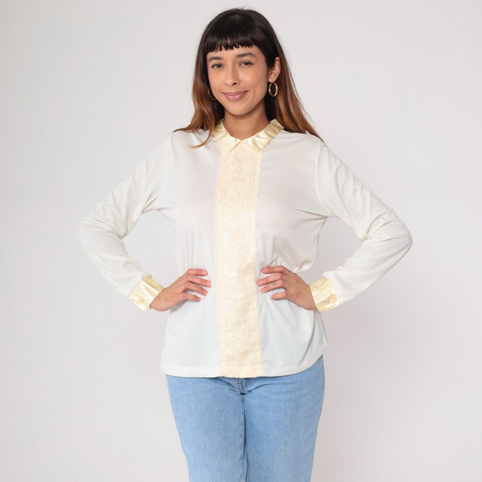 70s White Cream Lace Prairie Blouse Button Up Long Sleeve Medium M