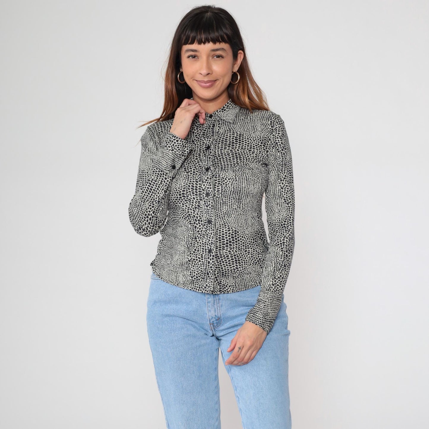 Y2K Alligator Print Button Up Blouse Black White Fitted Long Sleeve Extra Small XS