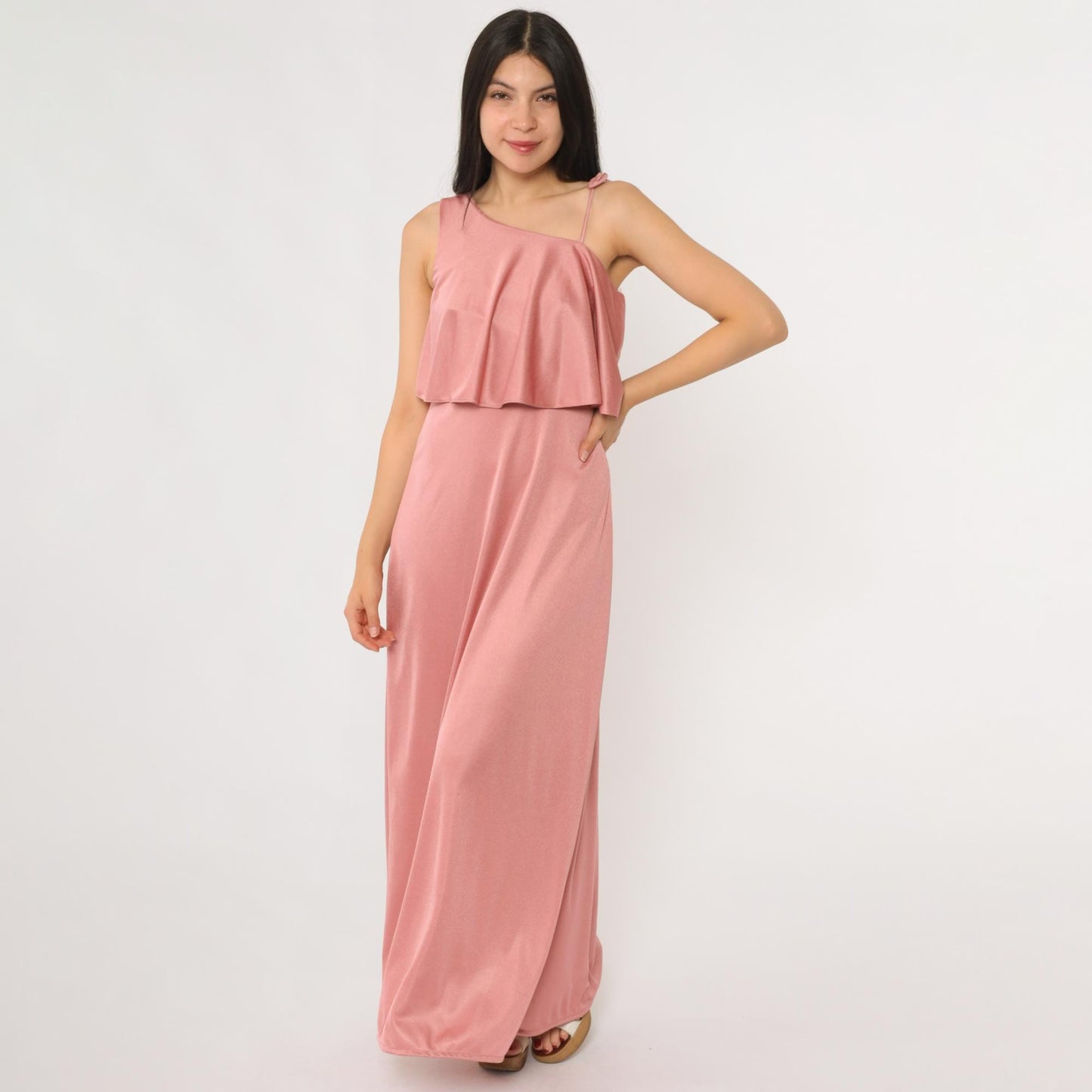 70s Zum Zum Dusty Rose Maxi Dress Ruffle Tie Shoulder Sleeveless Extra Small