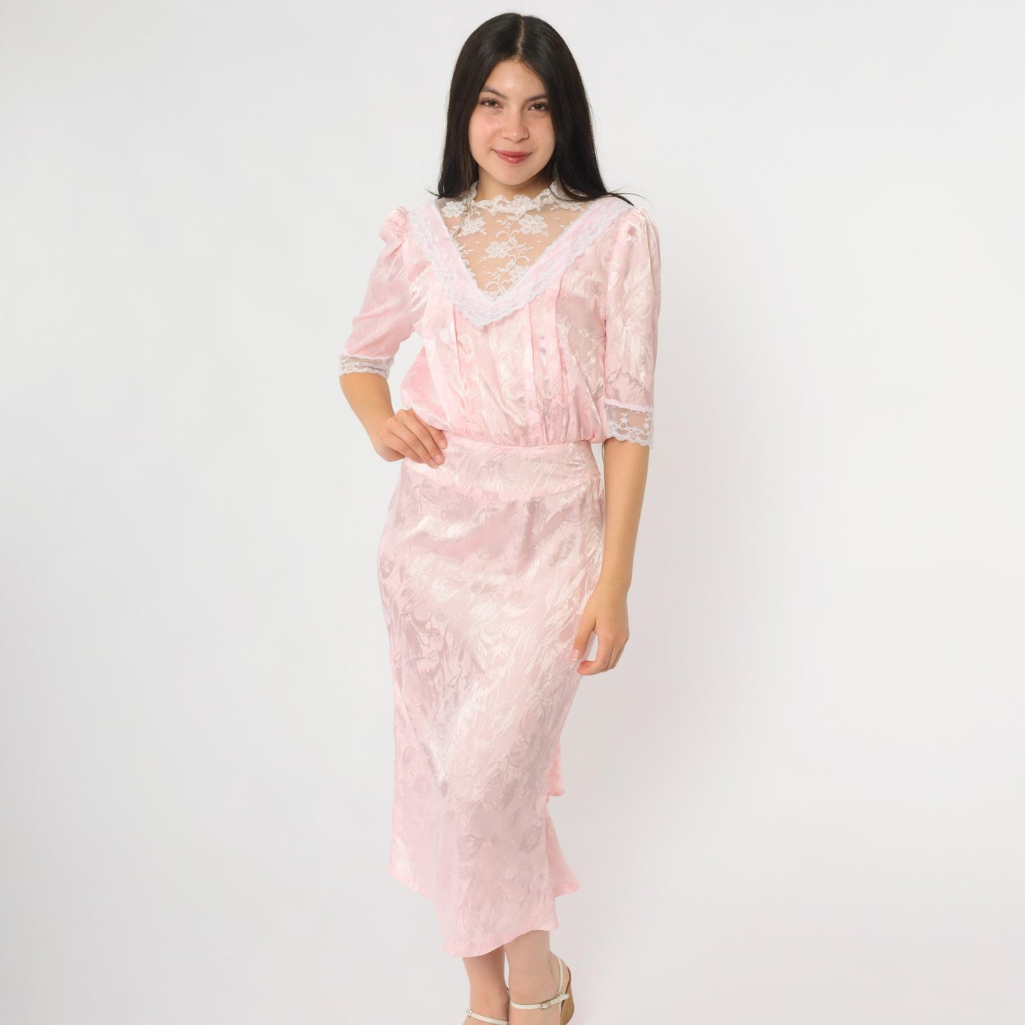 80s Pink Lace Midi Dress Puff Sleeve V-Neck Tiered Ruffle Extra Small XS