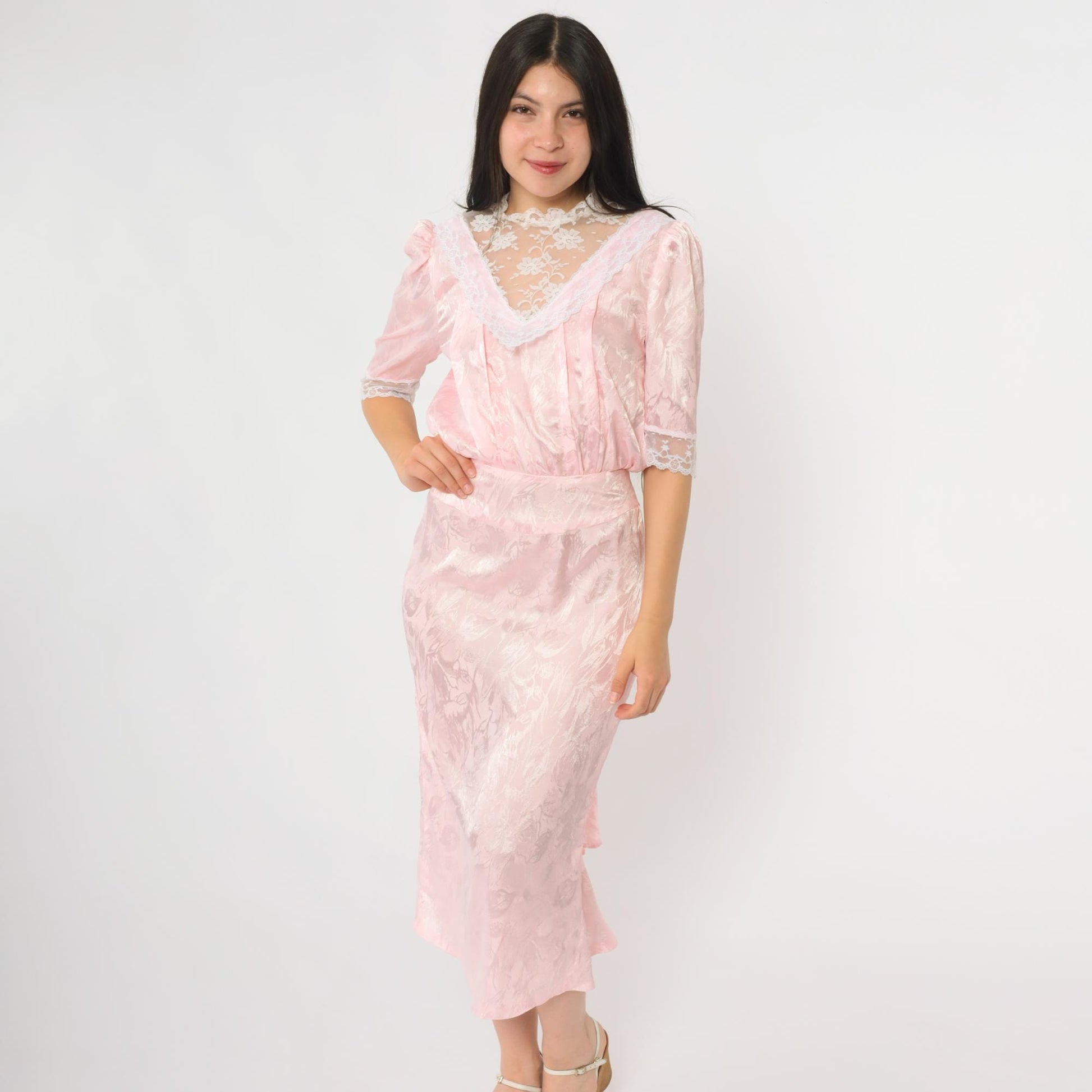 80s Pink Lace Midi Dress Puff Sleeve V-Neck Tiered Ruffle Extra Small XS