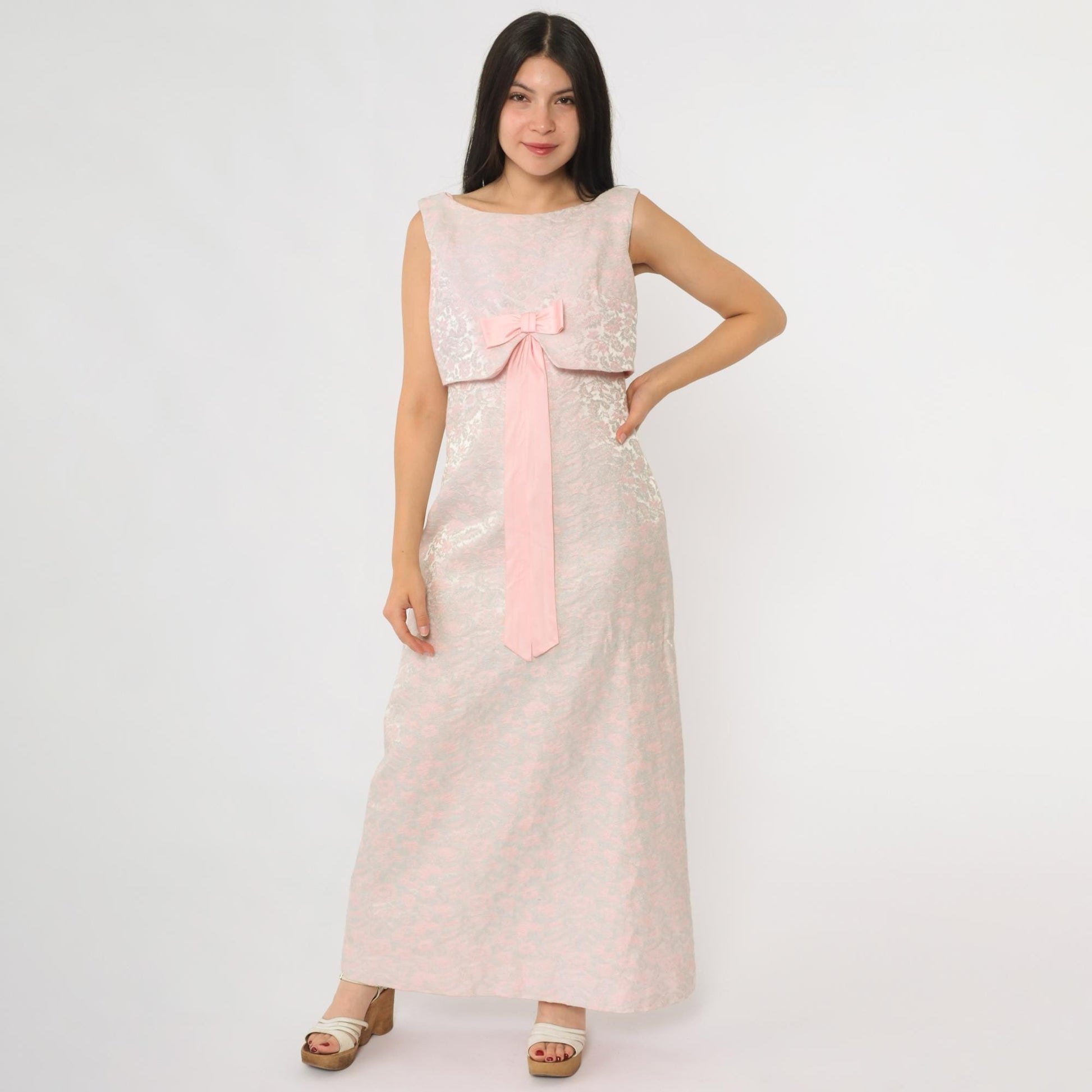 60s Pink Floral Maxi Dress Empire Waist Bow Tie Sleeveless Small