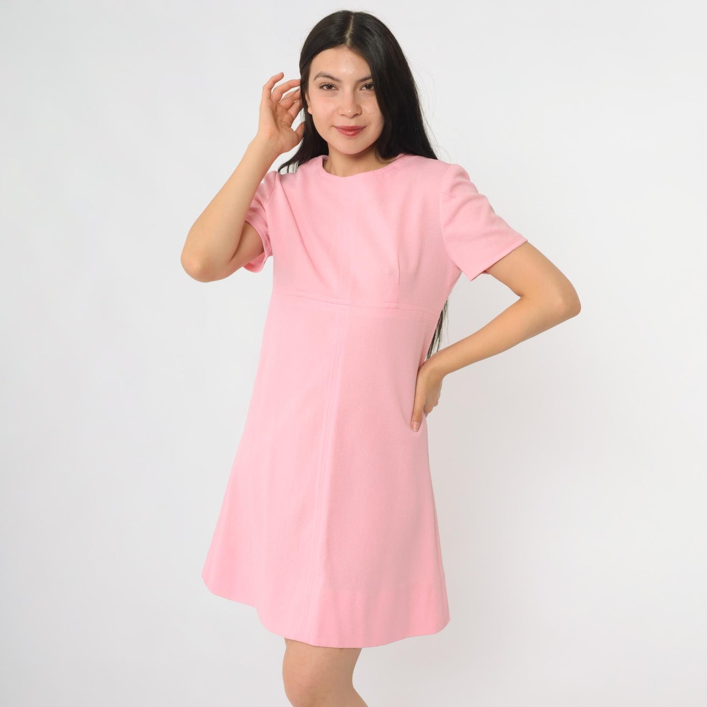 60s Pink Mini Shift Dress Mod Crew Neck A-Line Medium M