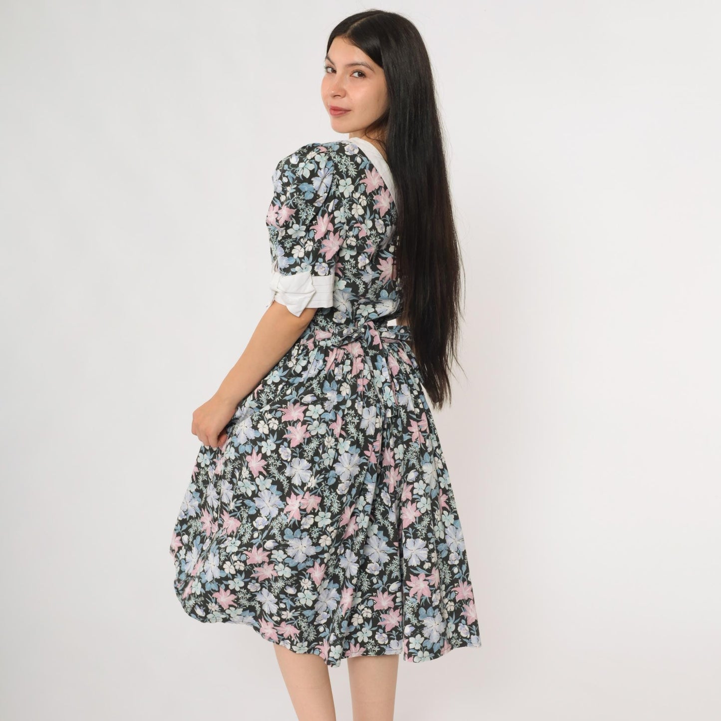 80s All That Jazz Floral Sundress Puff Sleeve Back Tie Cotton Medium