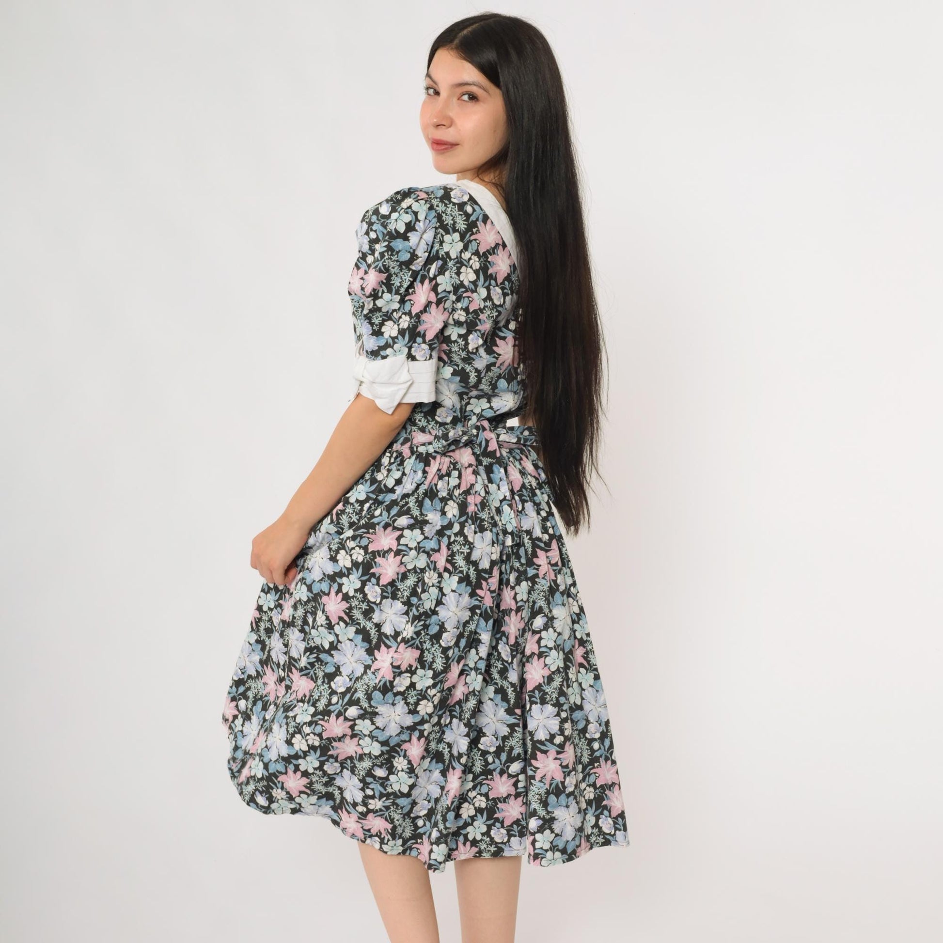 80s All That Jazz Floral Sundress Puff Sleeve Back Tie Cotton Medium
