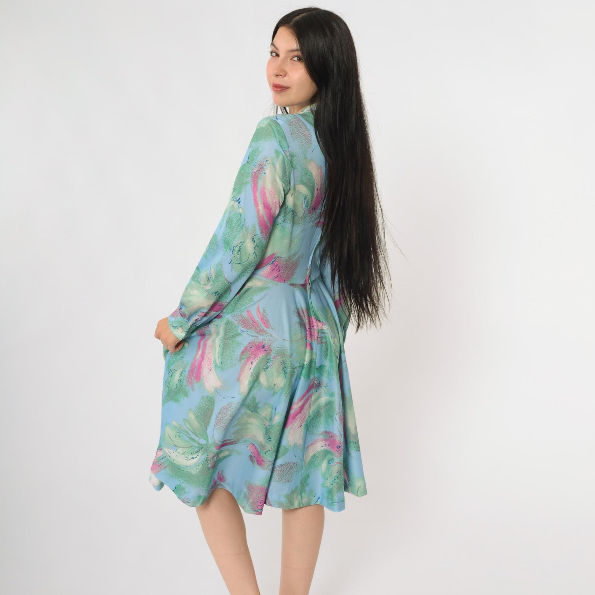 70s Watercolor Floral Dress V-Neck Abstract Print Wrap Midi Blue Green Medium M