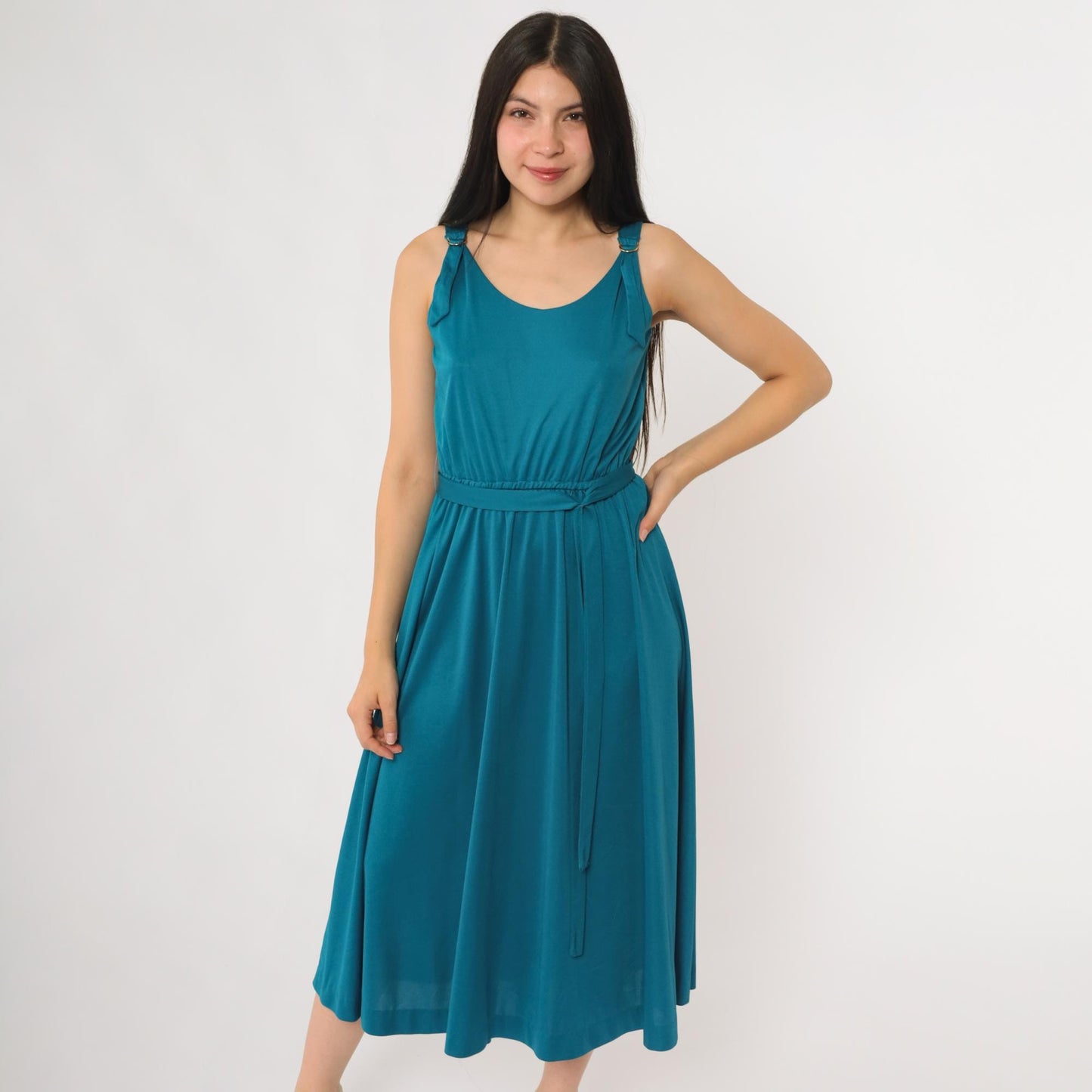 70s Lanz Teal Midi Dress Sleeveless A-Line Belted Small