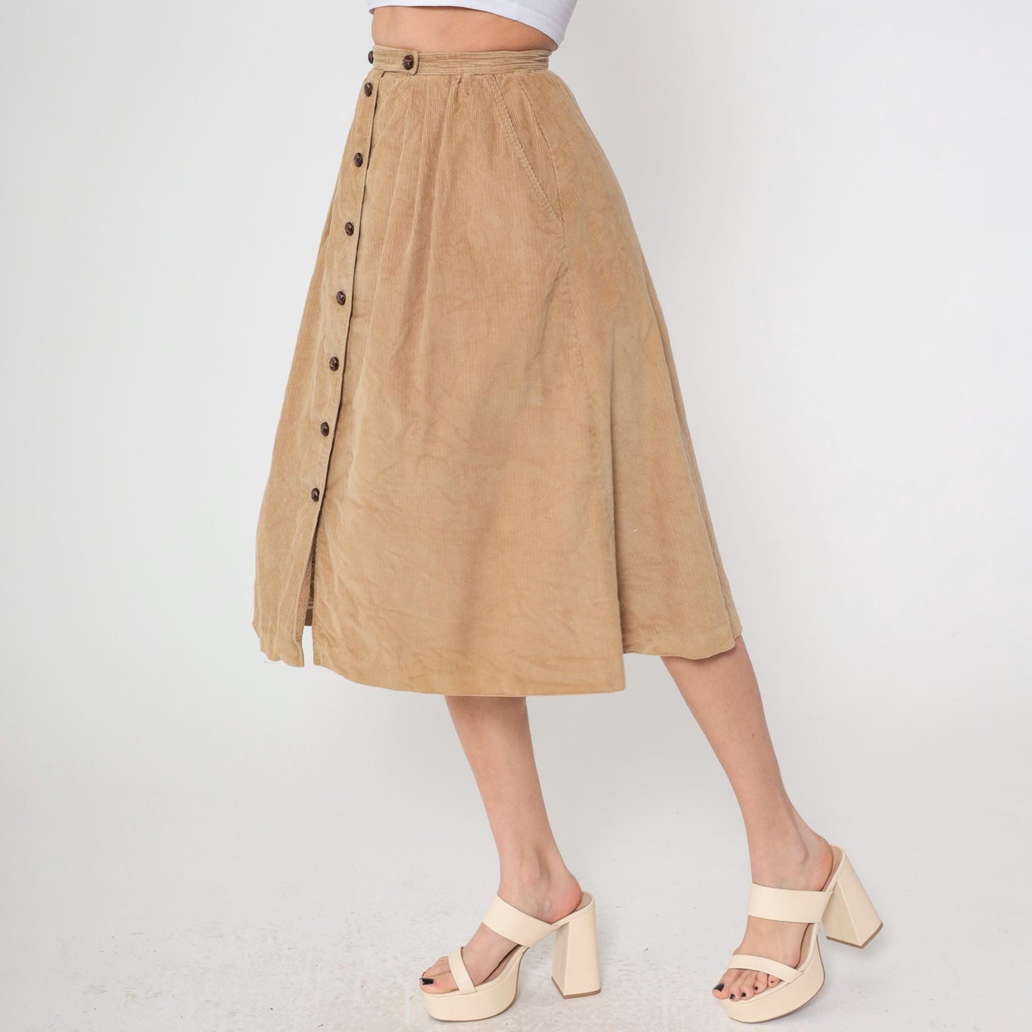 1970s Tan Corduroy Button-Front Midi Skirt High Waist A-Line Pleated Small