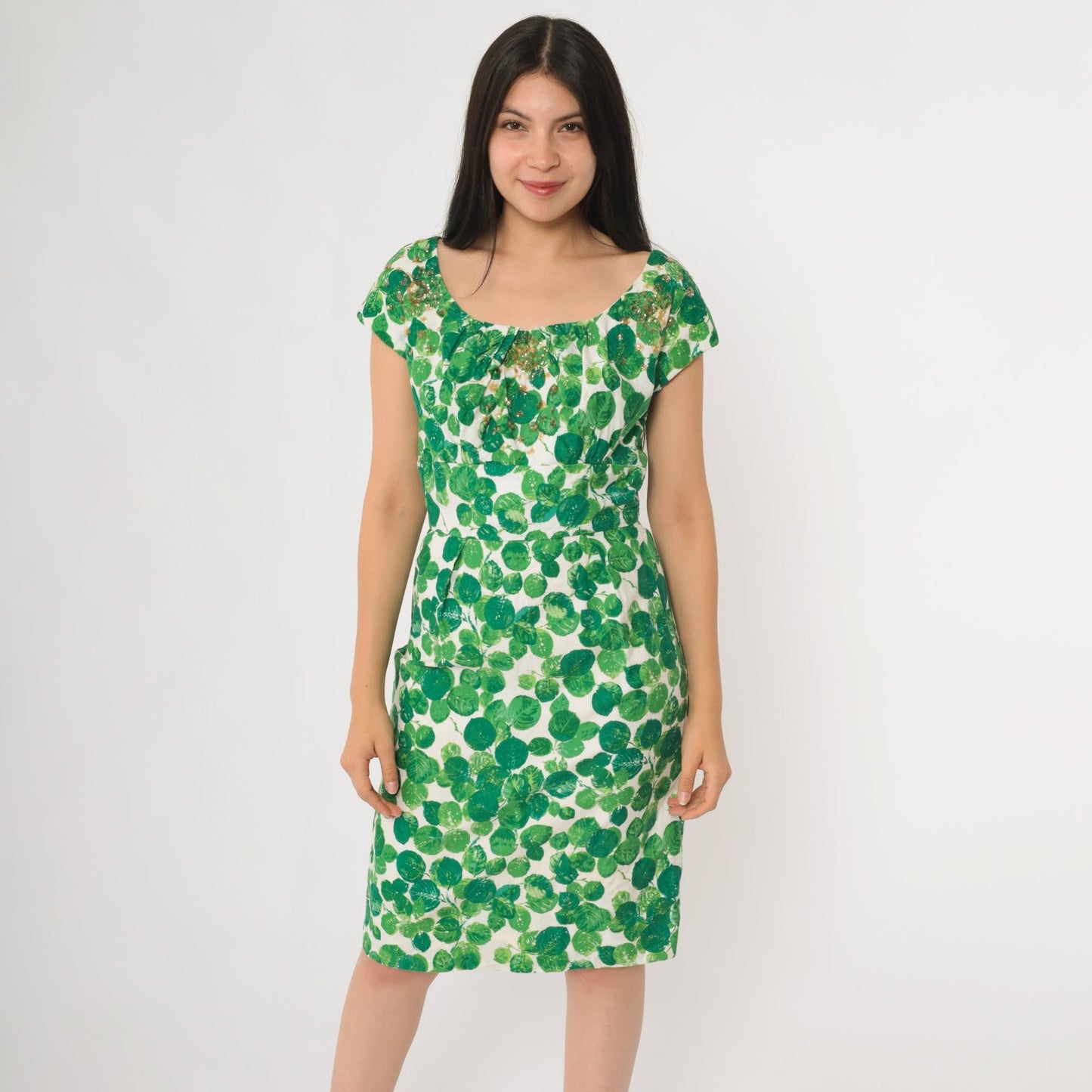 60s Green Leaf Sequin Cocktail Dress Cap Sleeve Knee Length Small