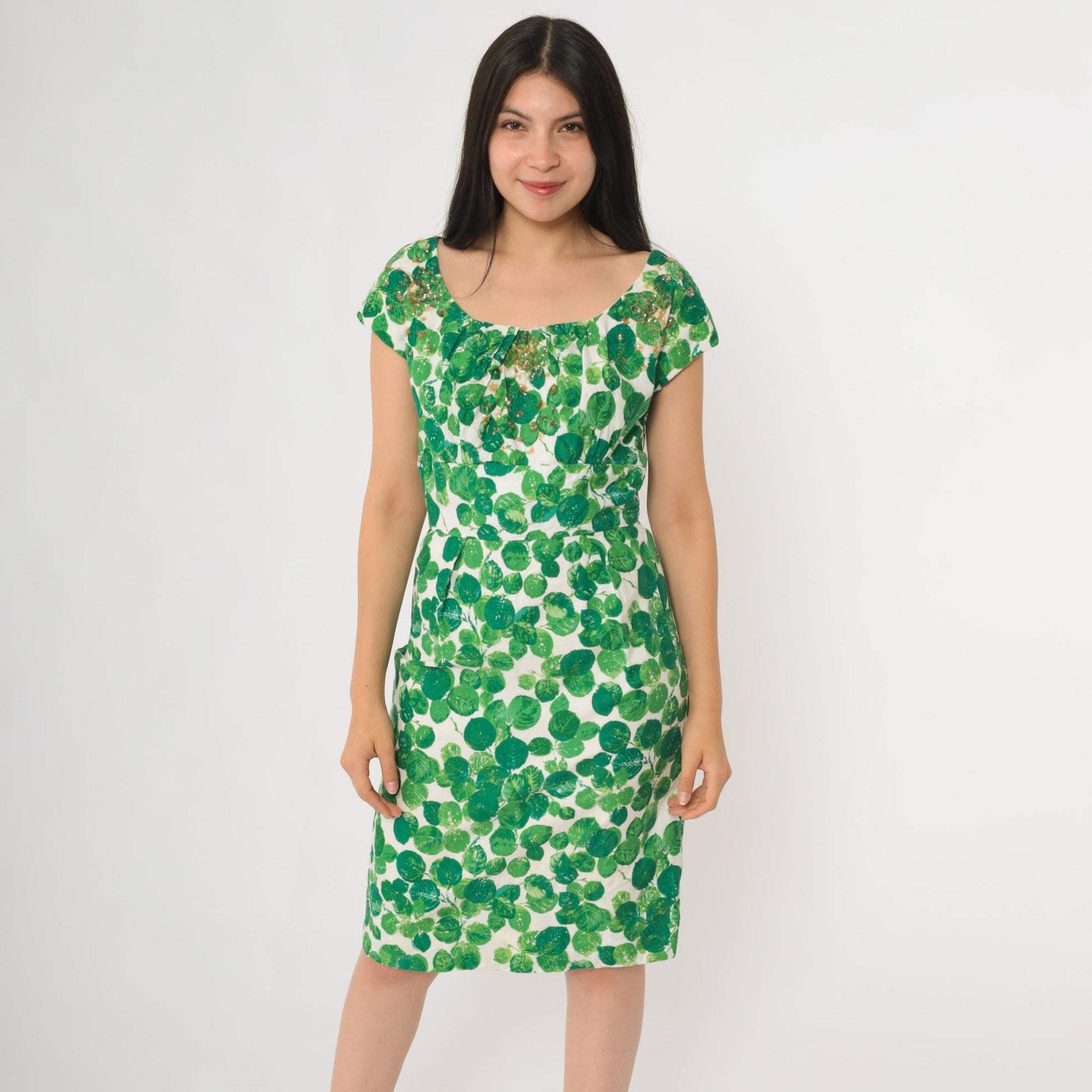 60s Green Leaf Sequin Cocktail Dress Cap Sleeve Knee Length Small