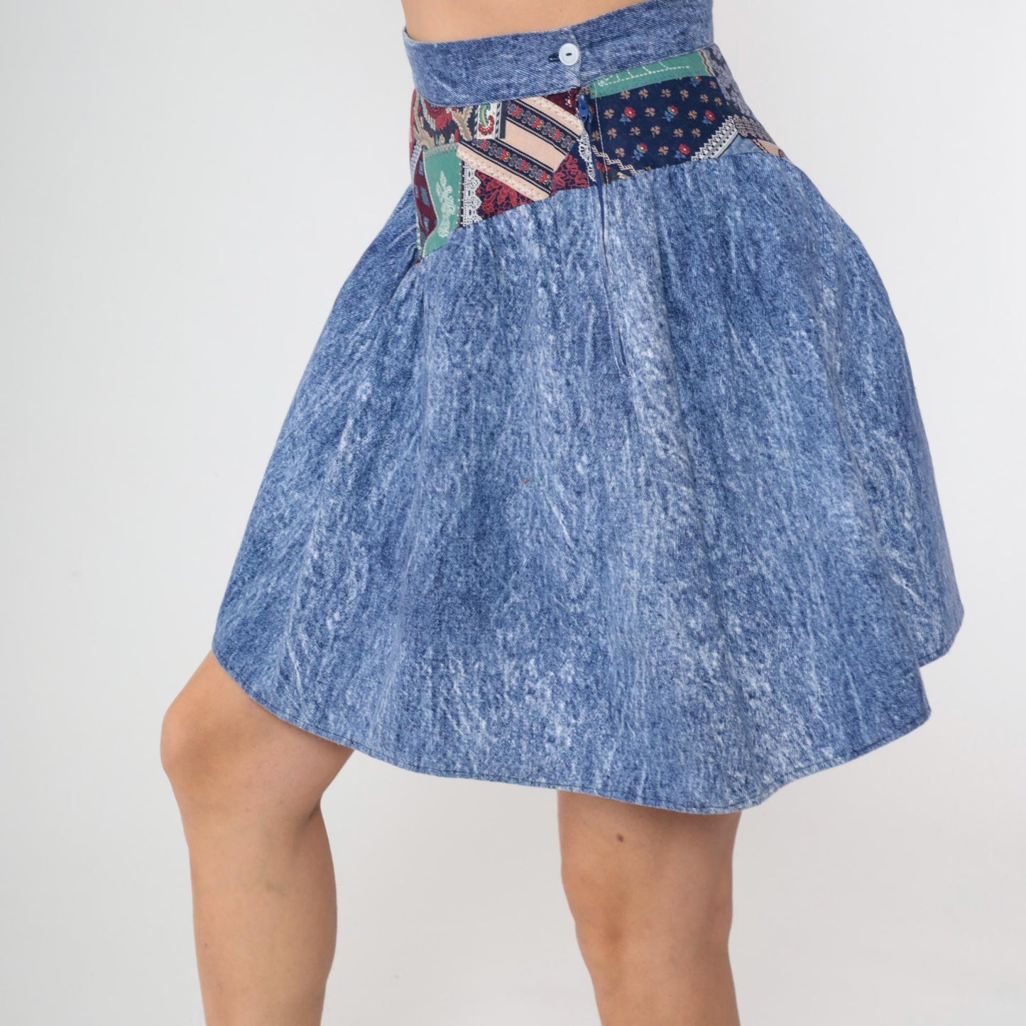 80s Acid Wash Denim Mini Skirt Patchwork High Waisted Circle Small S