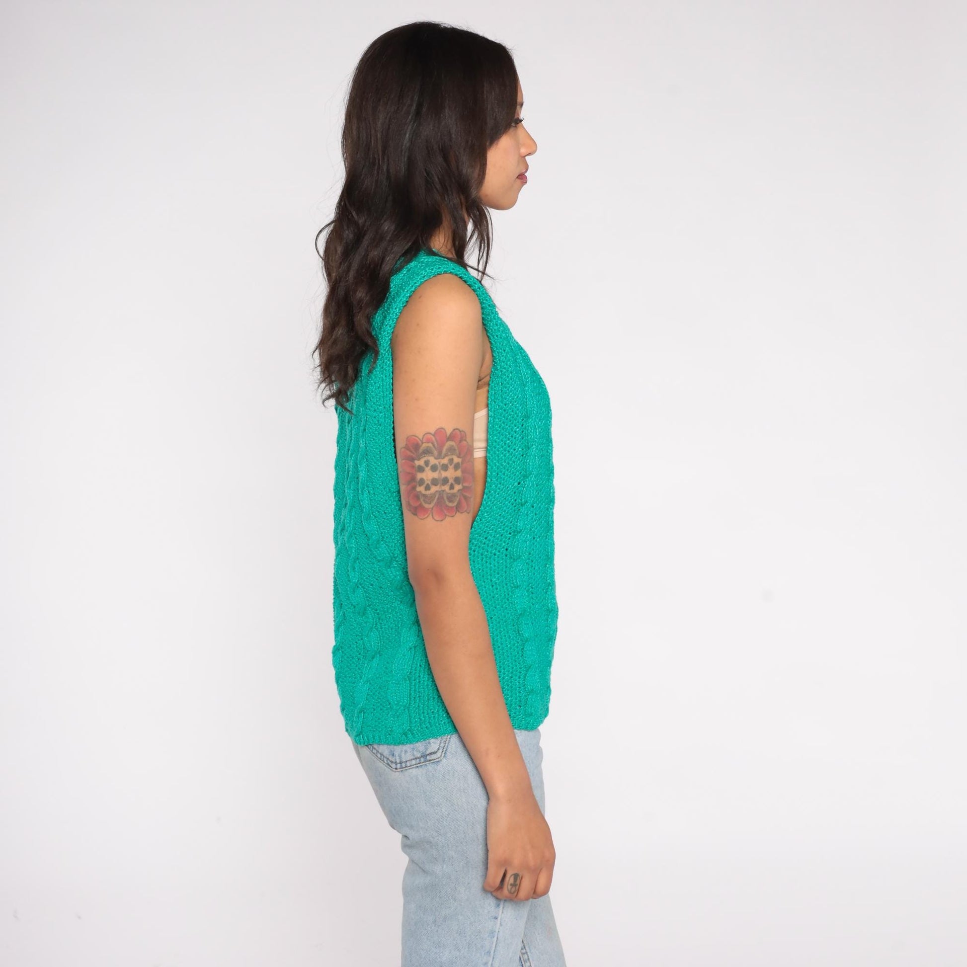 90s Emerald Cable Knit Vest Deep V-Neck Preppy Sleeveless Sweater Small S