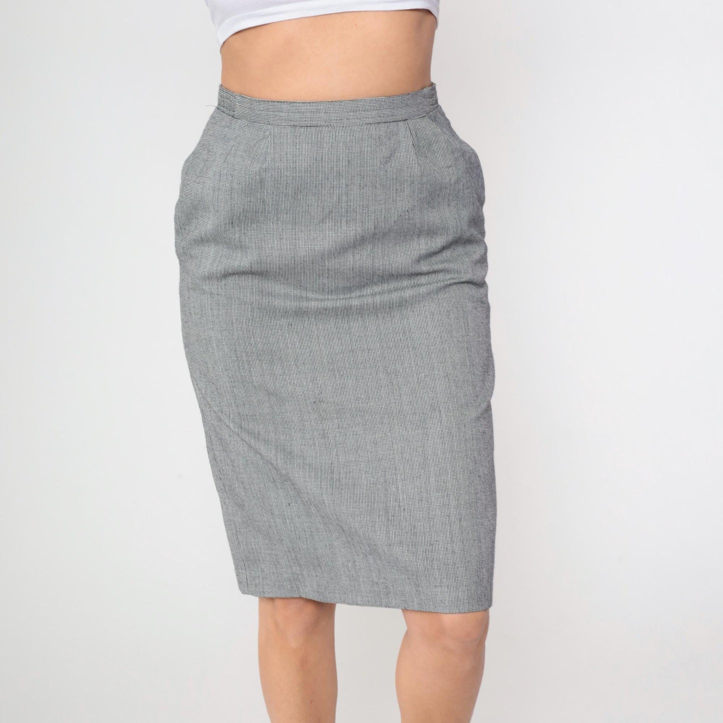 80s Black Houndstooth Midi Skirt High Waist Straight Pencil Medium