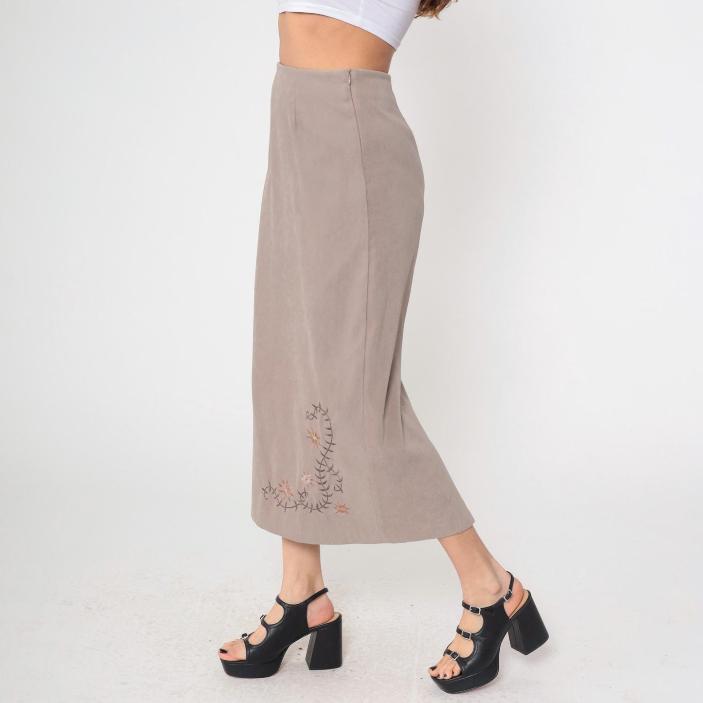 90s Taupe Floral Embroidered Maxi Skirt High Waist Column Medium