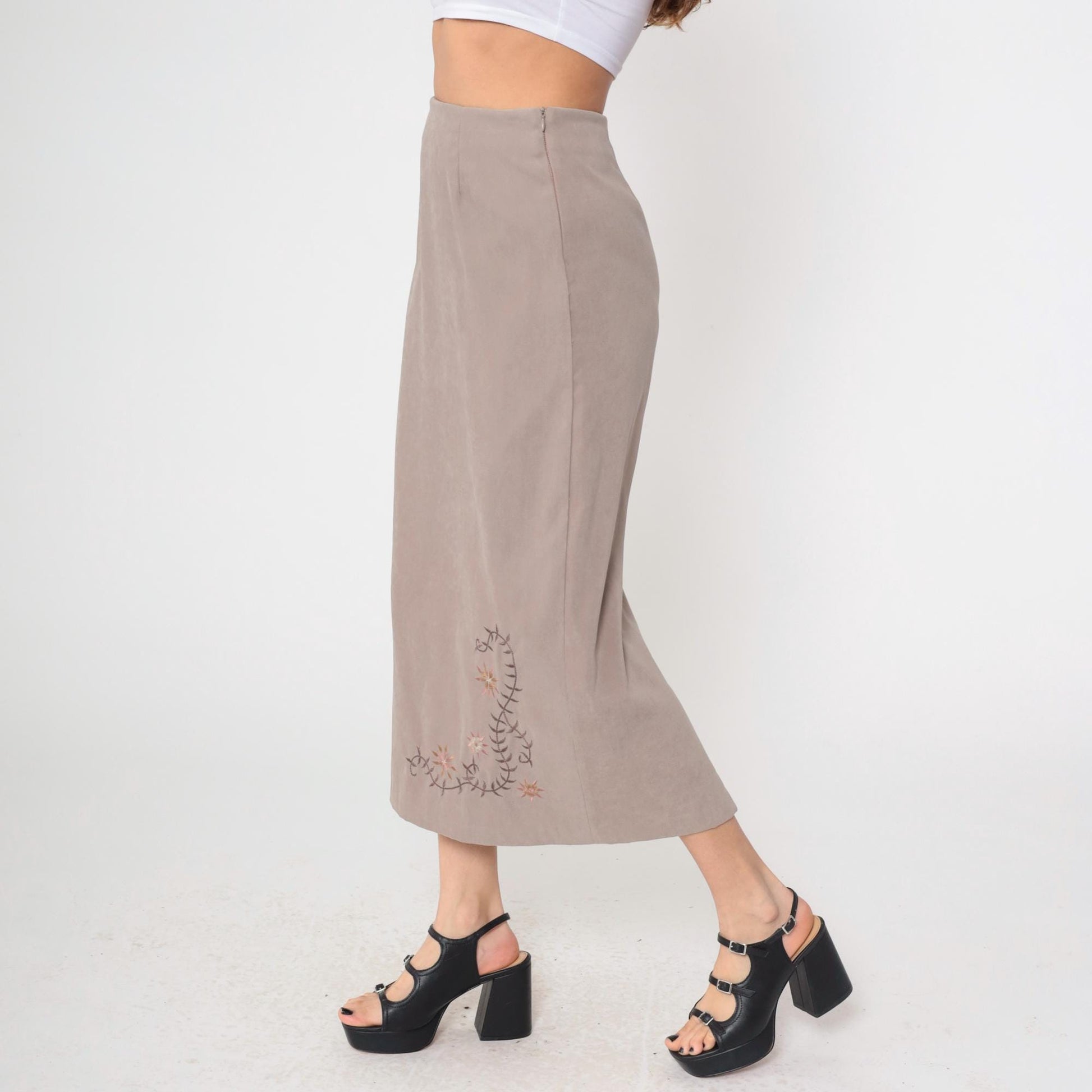 90s Taupe Floral Embroidered Maxi Skirt High Waist Column Medium