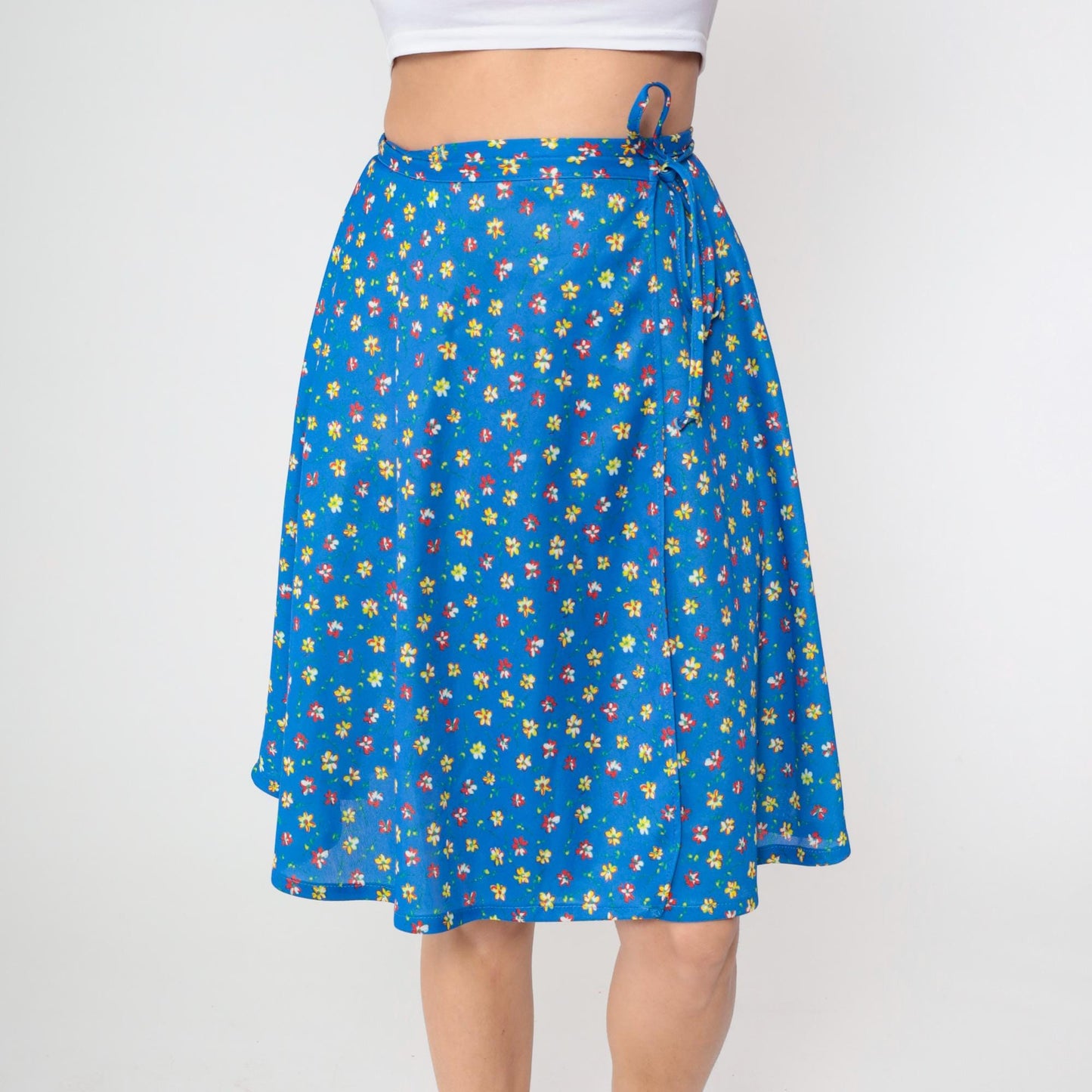 70s JC Penney Blue Floral Wrap Skirt Tie Waist Ditsy Print Small Medium