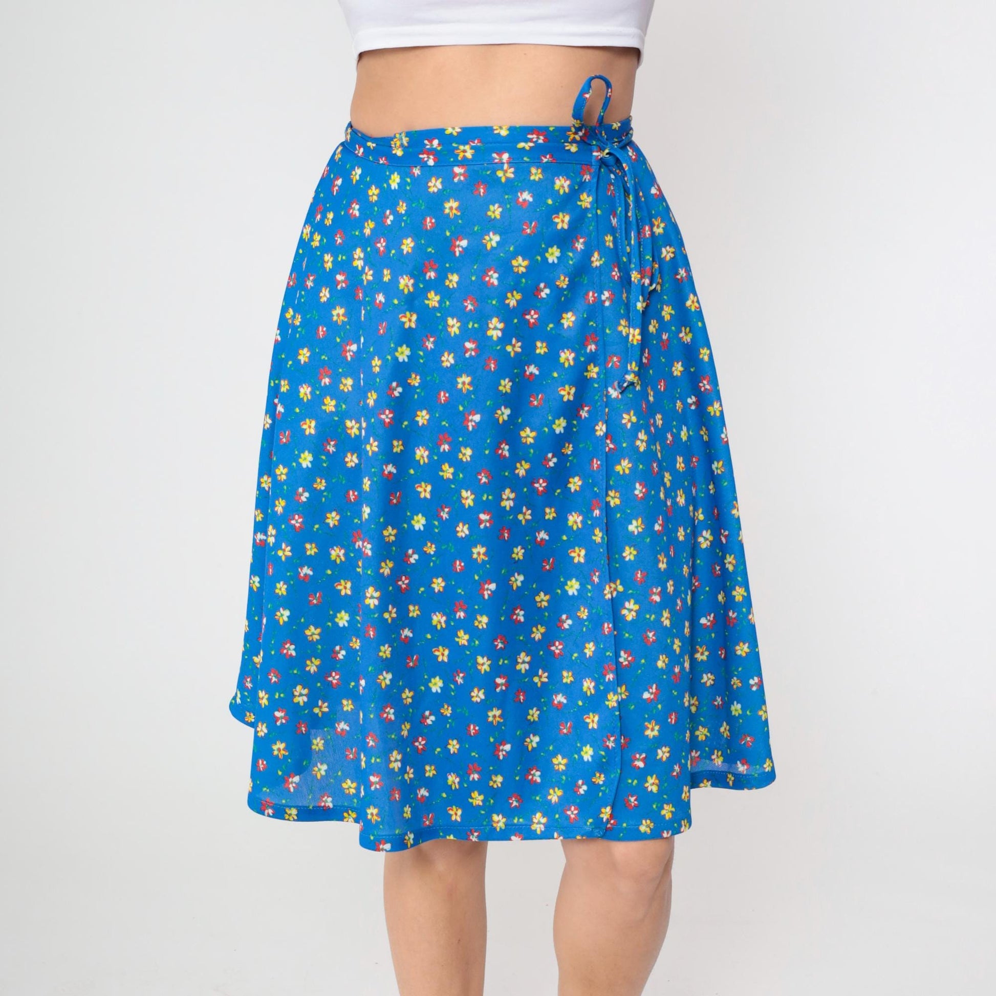 70s JC Penney Blue Floral Wrap Skirt Tie Waist Ditsy Print Small Medium