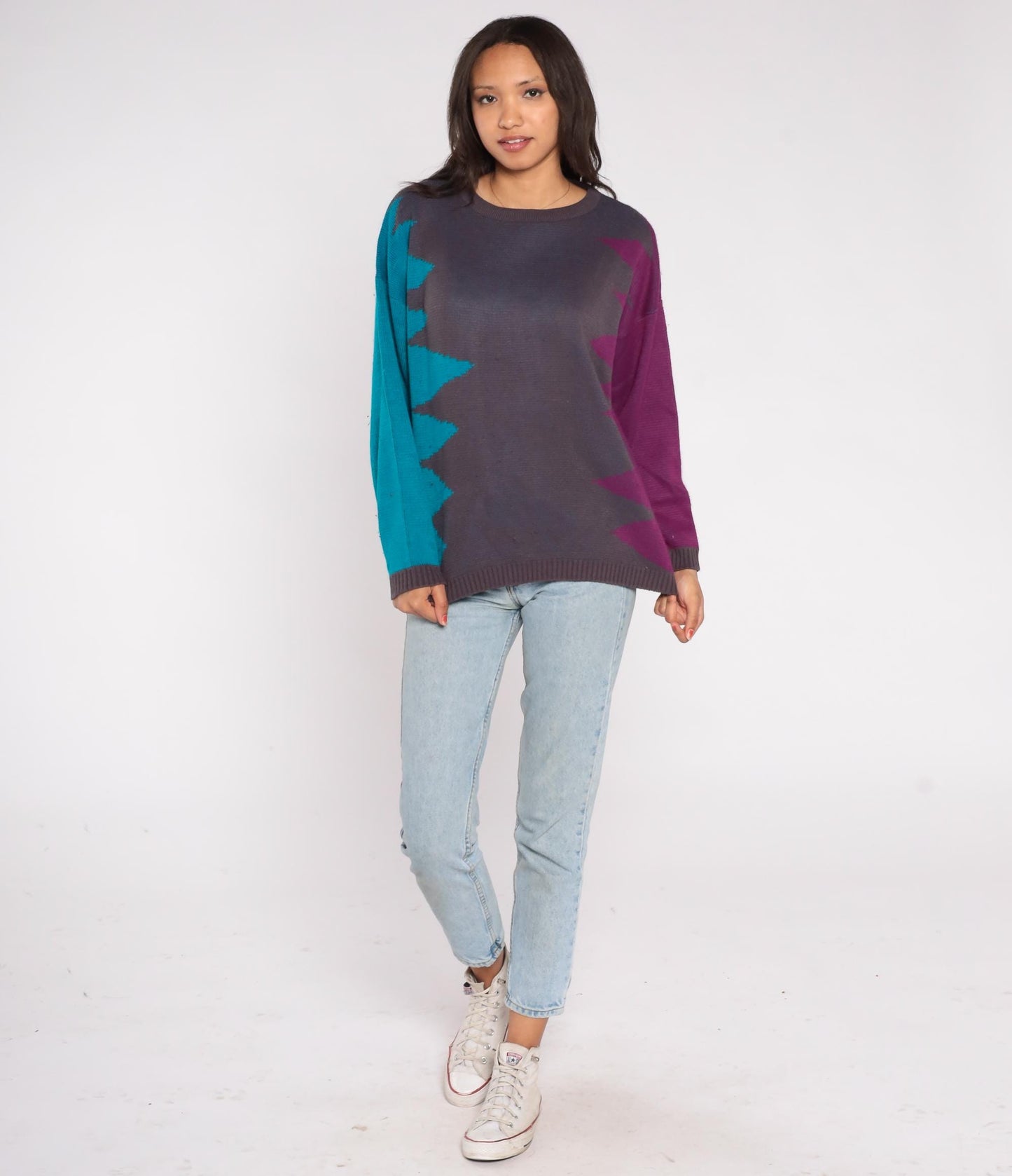 90s Geometric Color Block Sweater Teal Purple Charcoal Crewneck Medium