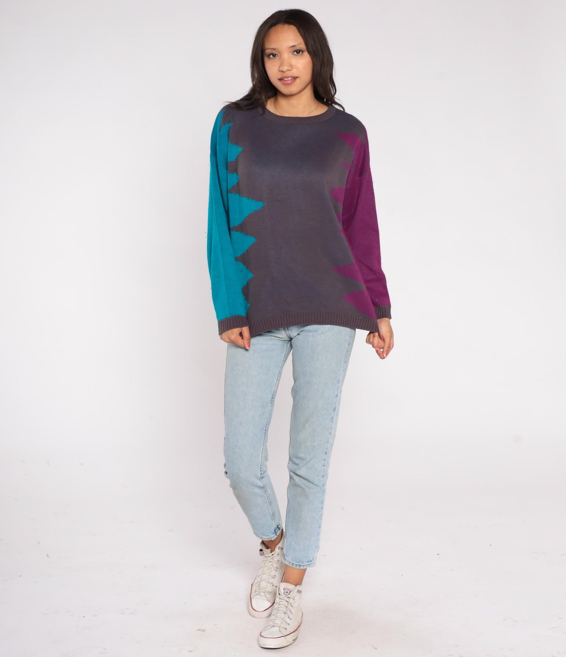 90s Geometric Color Block Sweater Teal Purple Charcoal Crewneck Medium