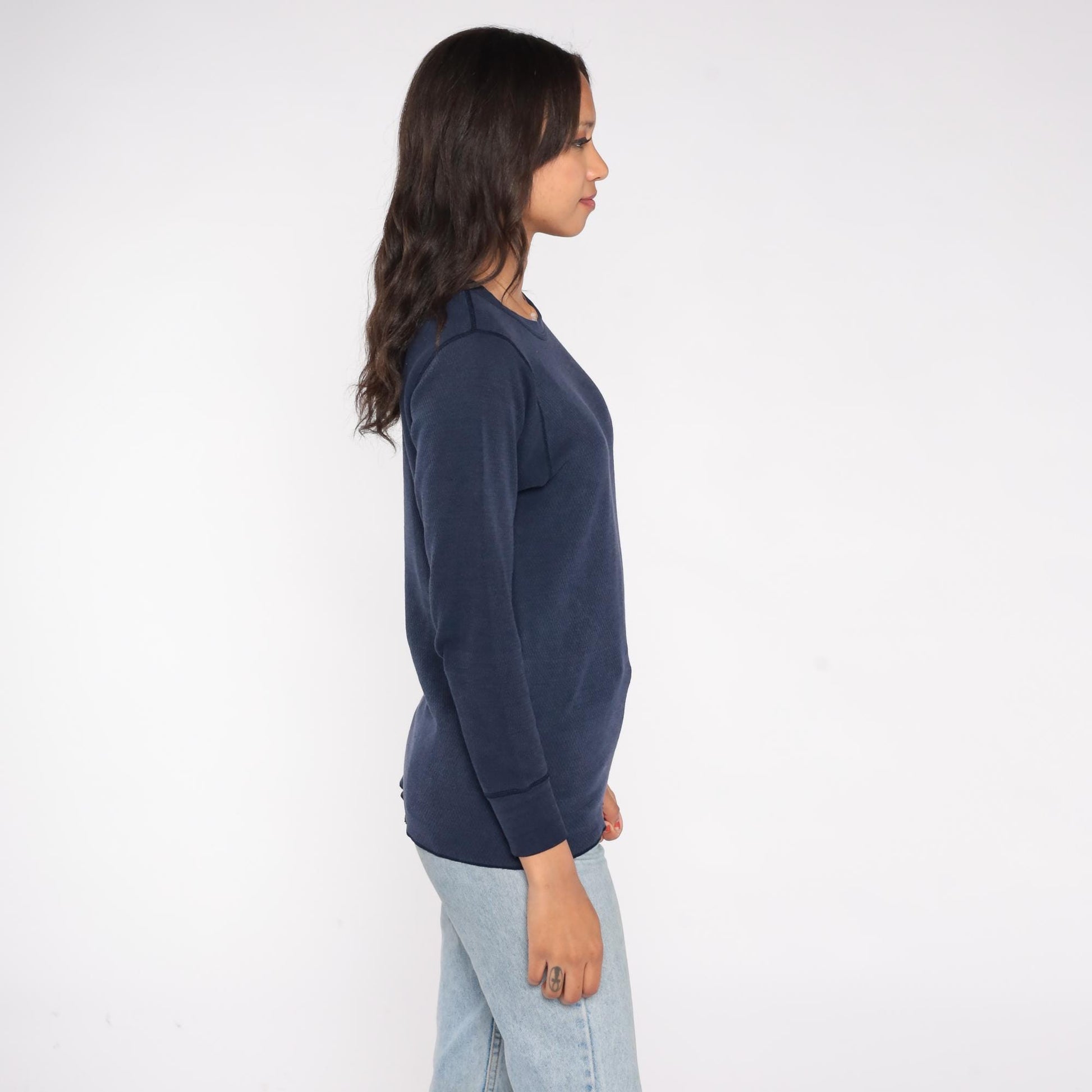 90s St. Johns Bay Navy Thermal Waffle Knit Long Sleeve Crewneck Large L