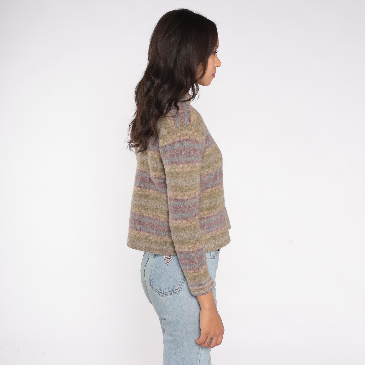 Y2K Wool Cardigan Frog Closure Sage Lavender Striped Cropped Petite Medium
