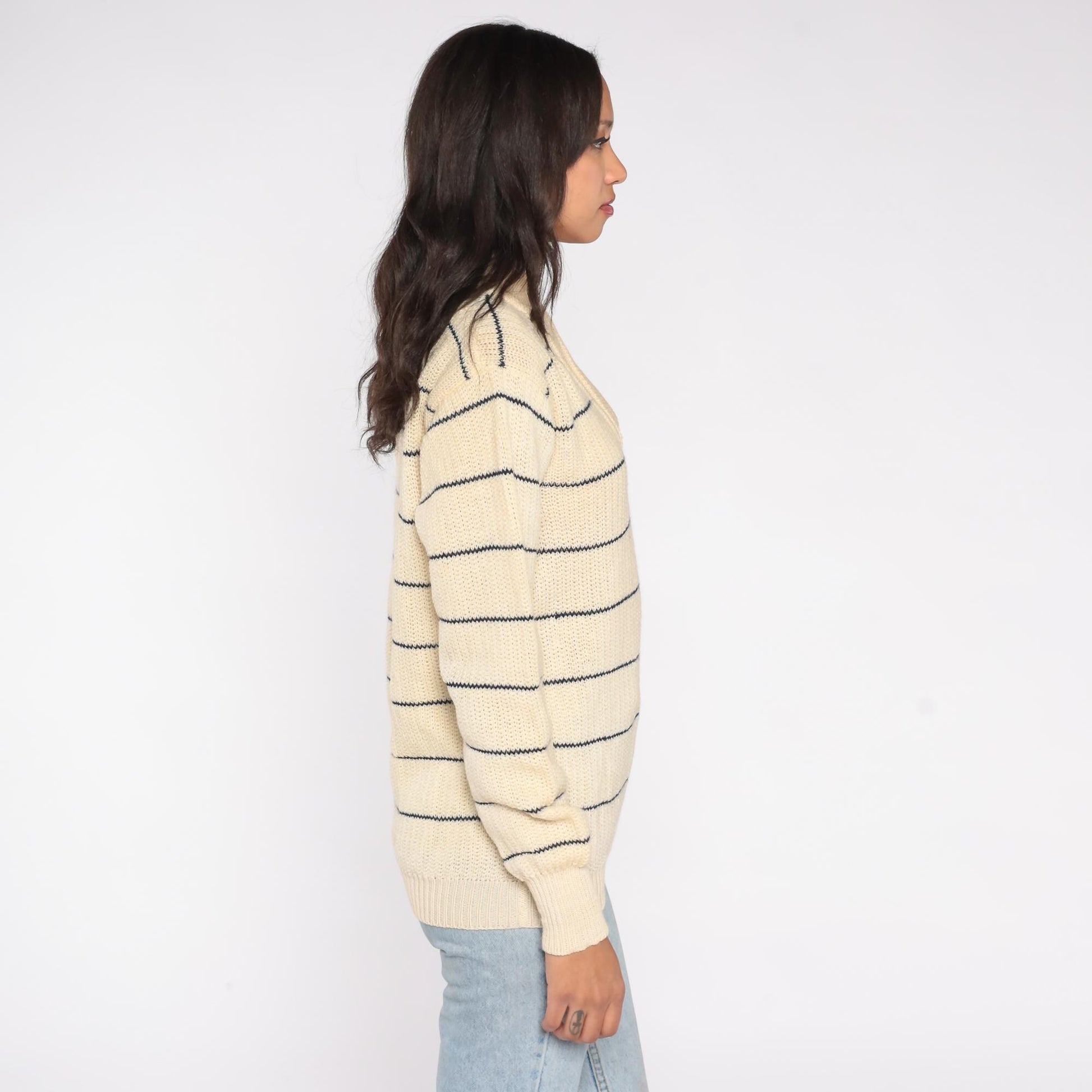80s Hardy Amies London Wool Shawl Collar Sweater Cream Striped Medium