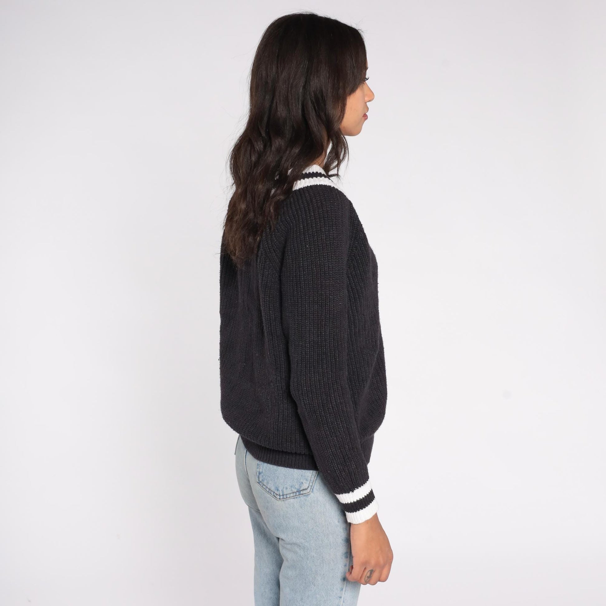 Y2K Black V-Neck Sweater White Trim Rib Knit Pullover Large L