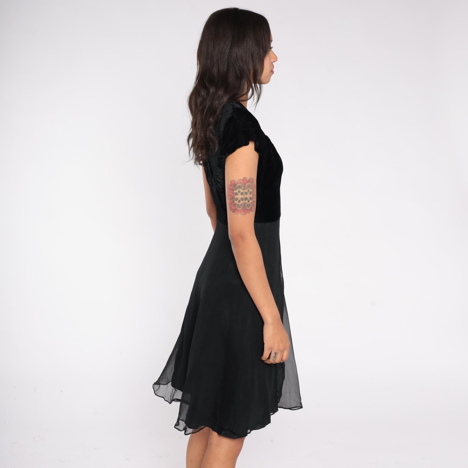 1940s Kayo Dress Black Velvet Sequin Floral Applique Fit and Flare Cocktail Dress Extra Small XS