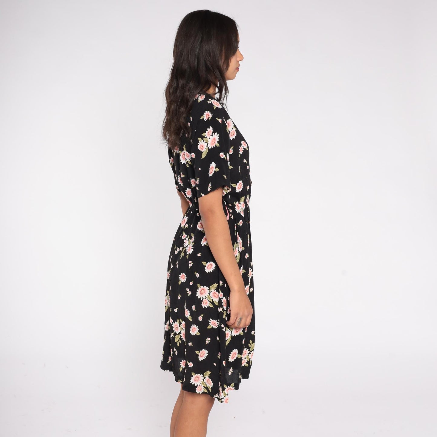 90s Esther Collection Black Daisy Floral Midi Dress Pink Print Small