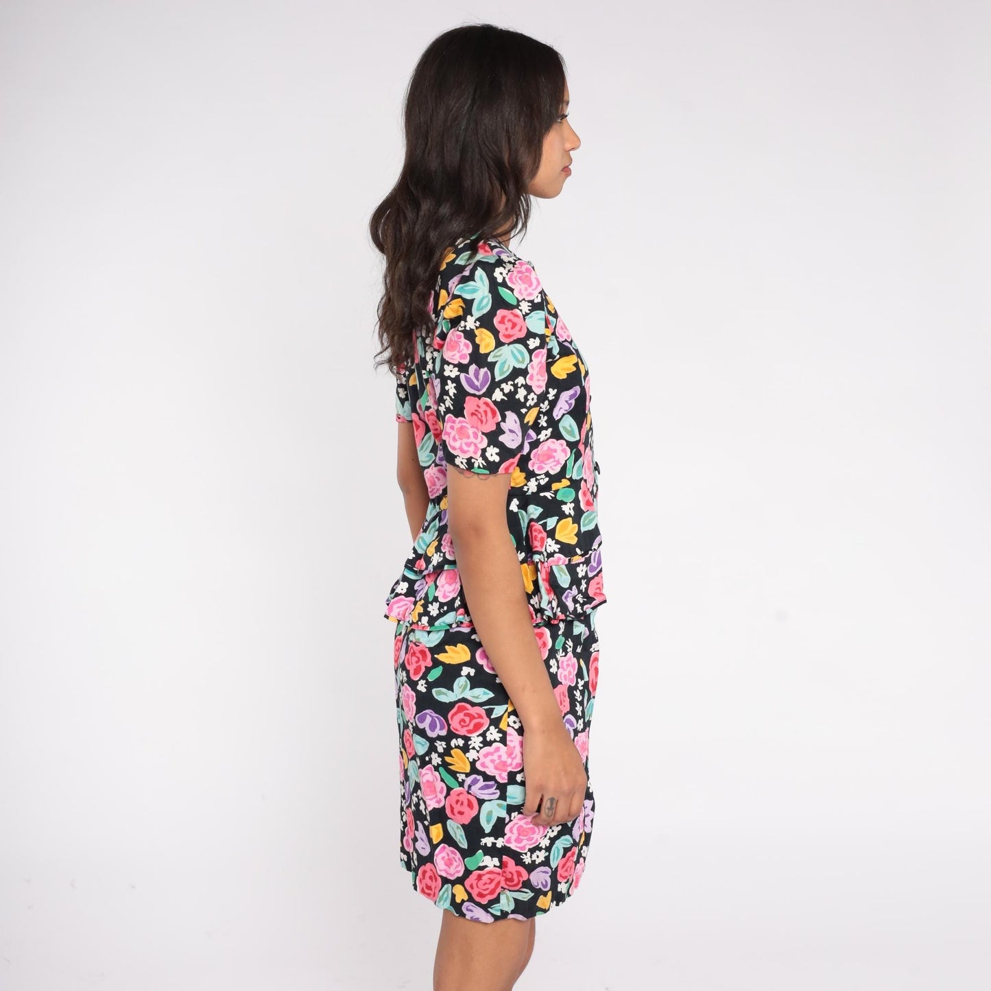 90s Petite Dimensions Floral Peplum Dress Black Cotton Button Front Small