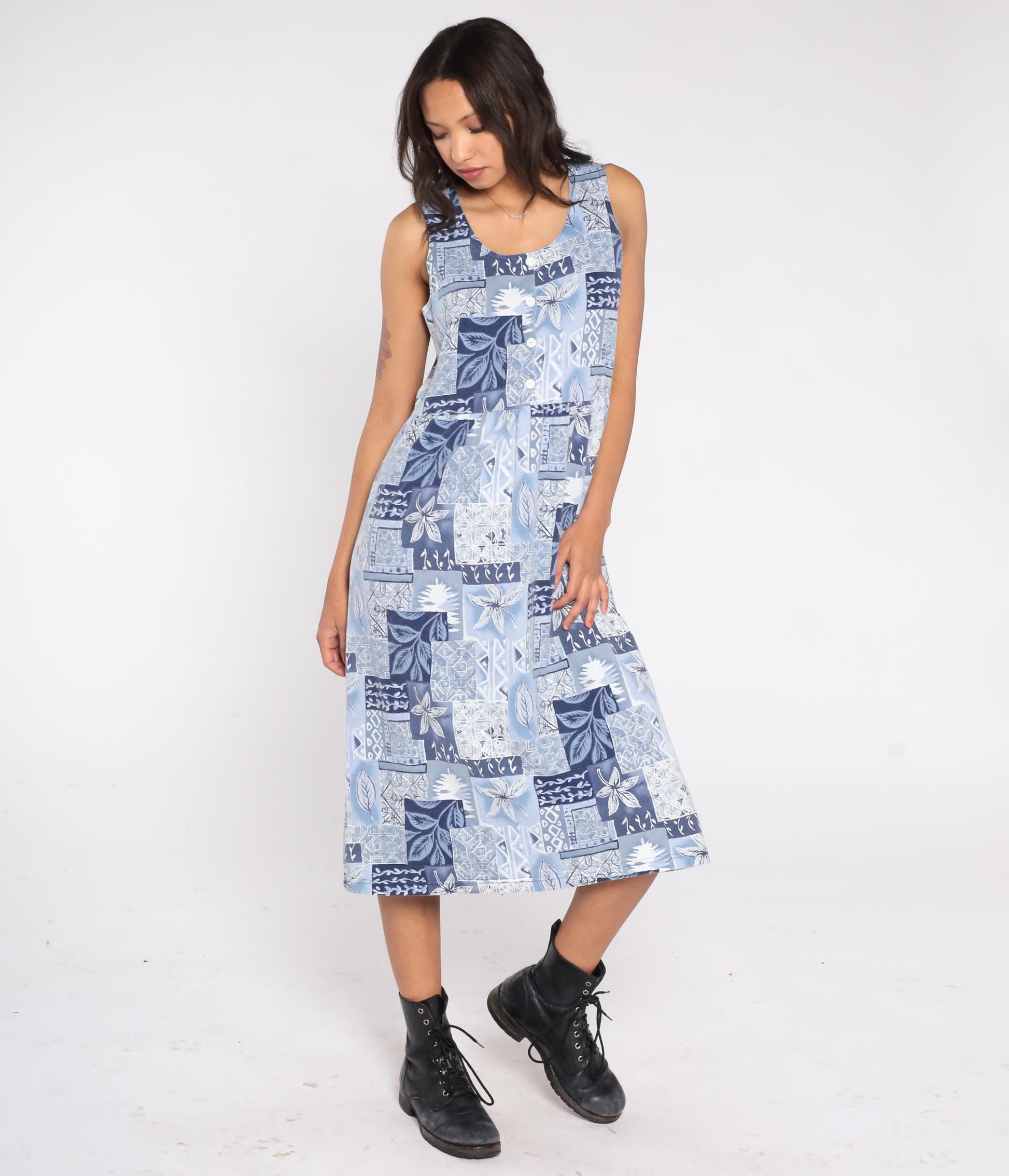 90s Blair Blue Patchwork Floral Midi Dress Sleeveless Button Front Small