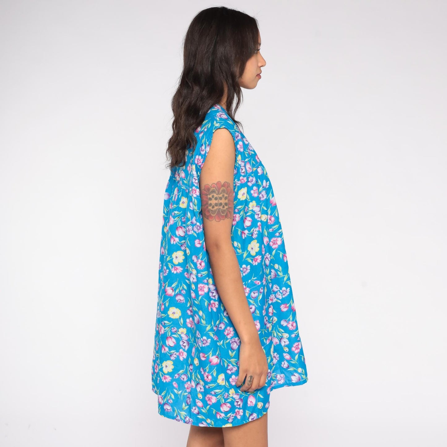 80s Blue Floral Tulip Mini Dress Sleeveless V Neck Babydoll Pockets Small