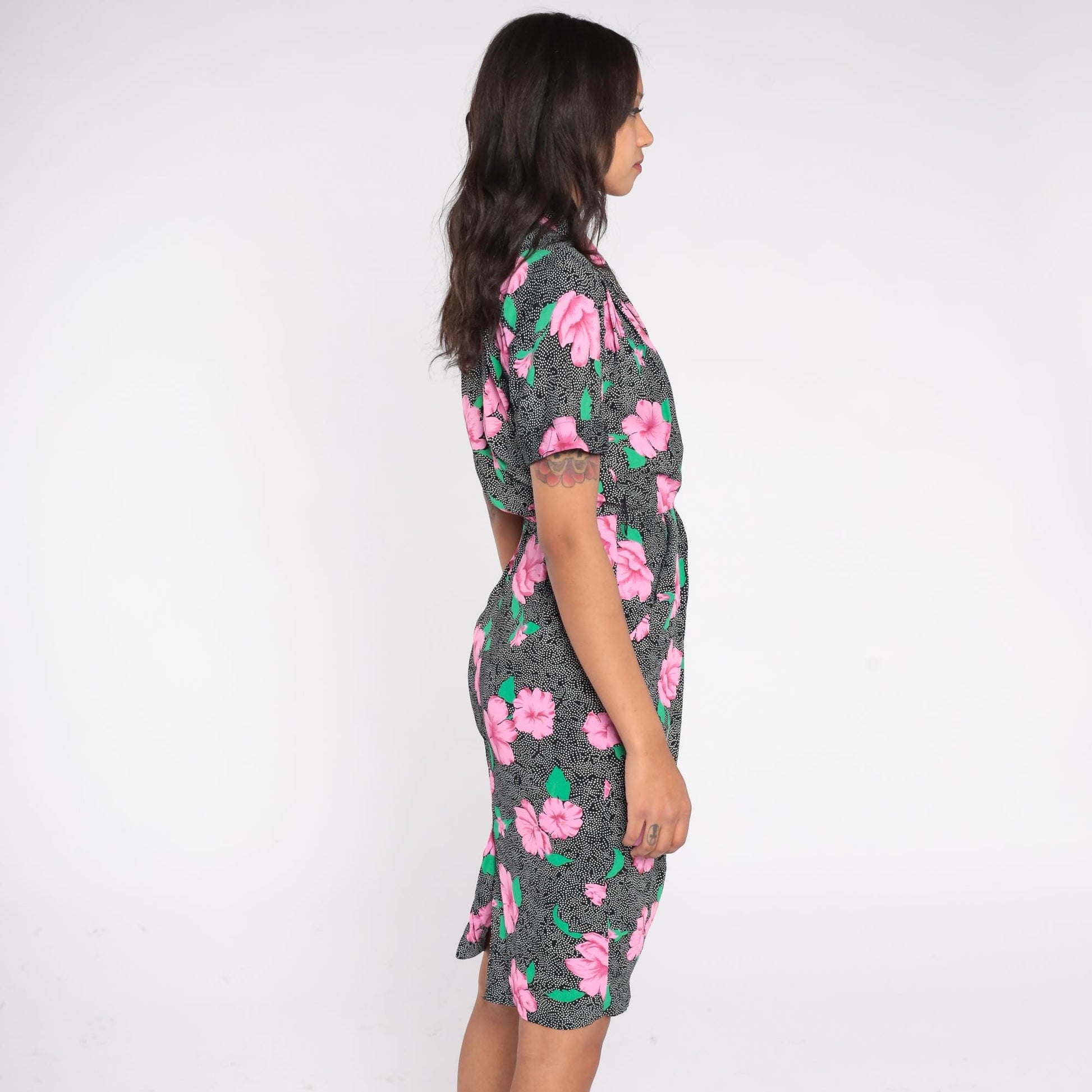 90s Jackie Bernard Floral Wrap Dress Pink Hibiscus Black Knee Length Small