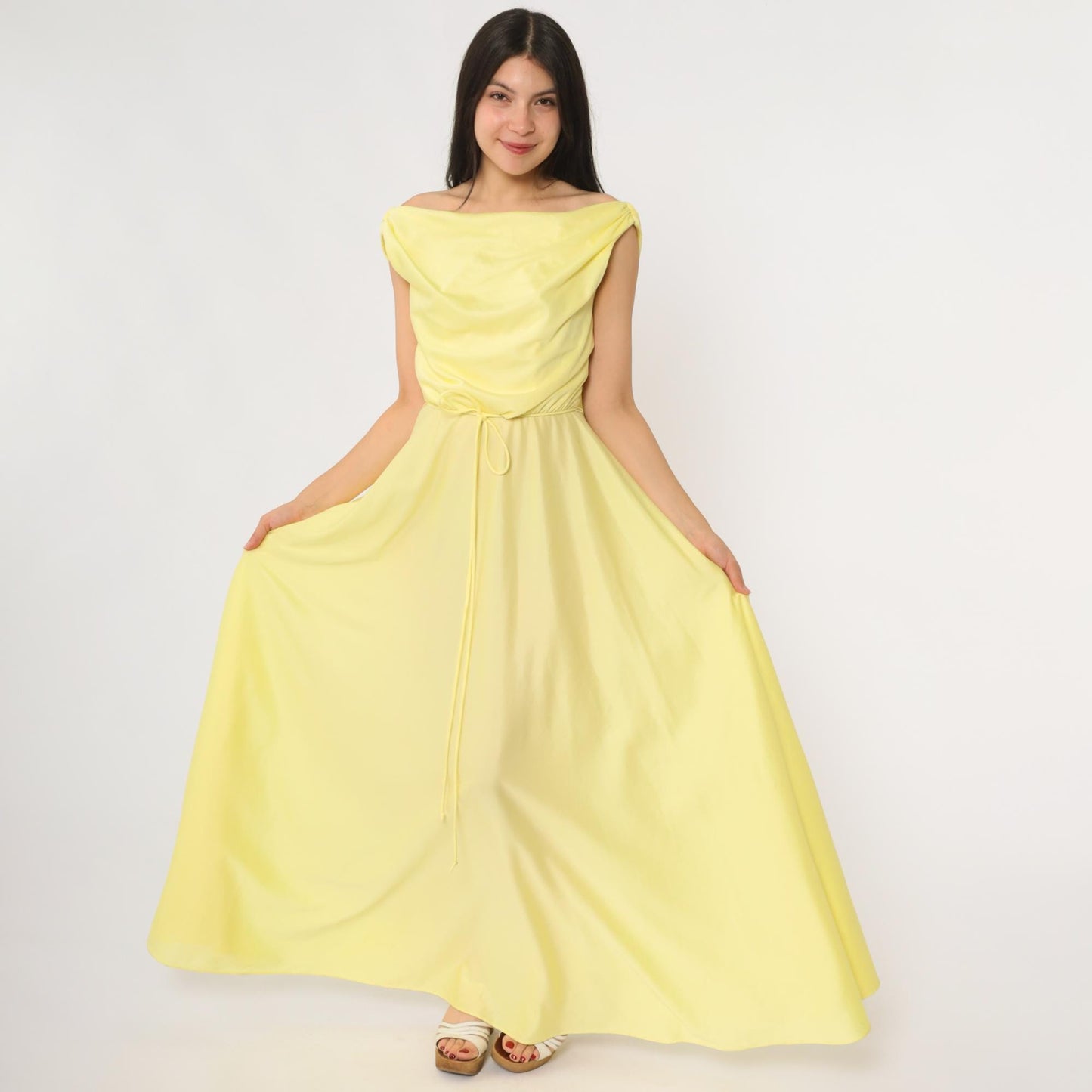 70s Yellow Maxi Dress Cowl Neck Sleeveless Waist Tie Small
