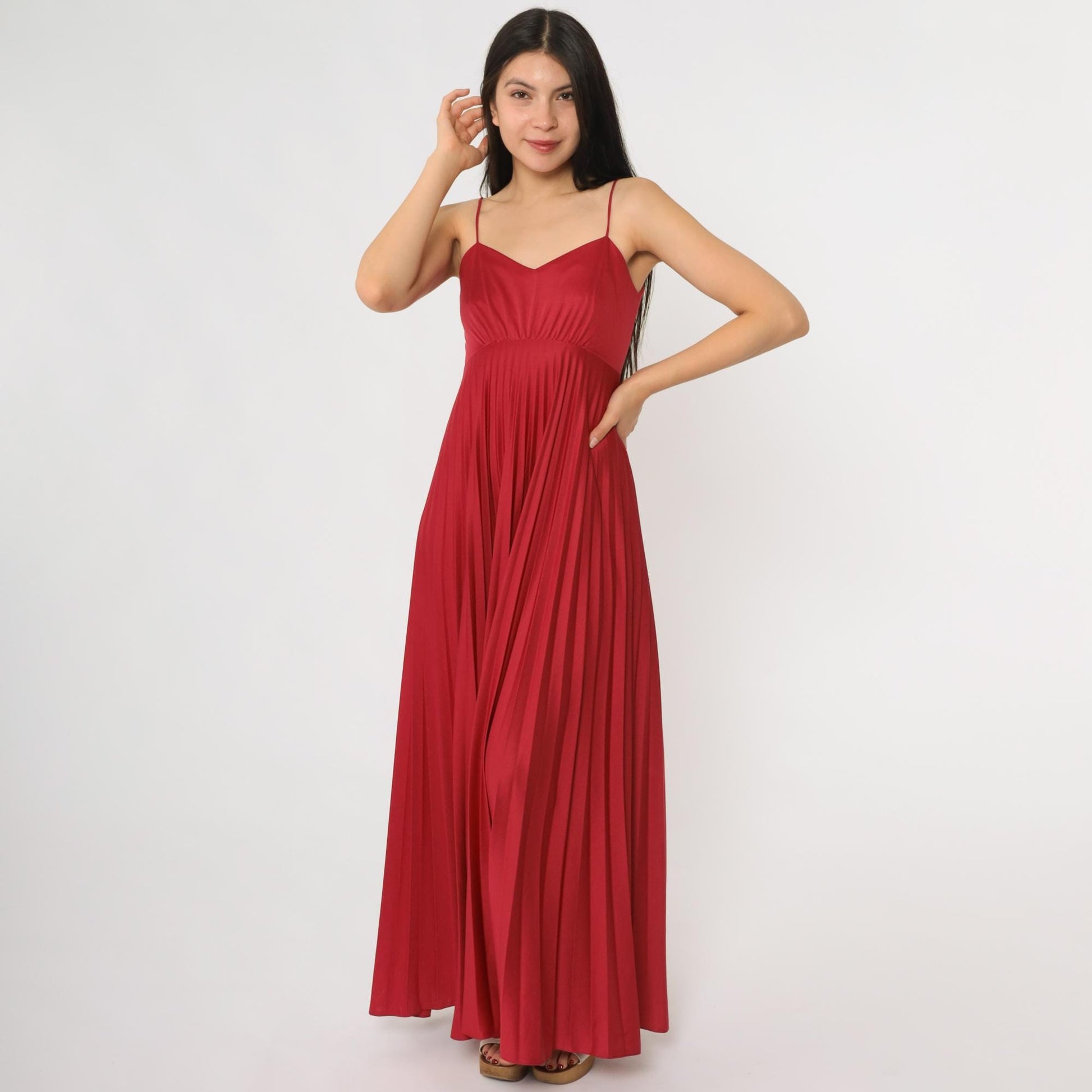 70s Red Pleated Maxi Dress Spaghetti Strap Empire Waist Extra Small