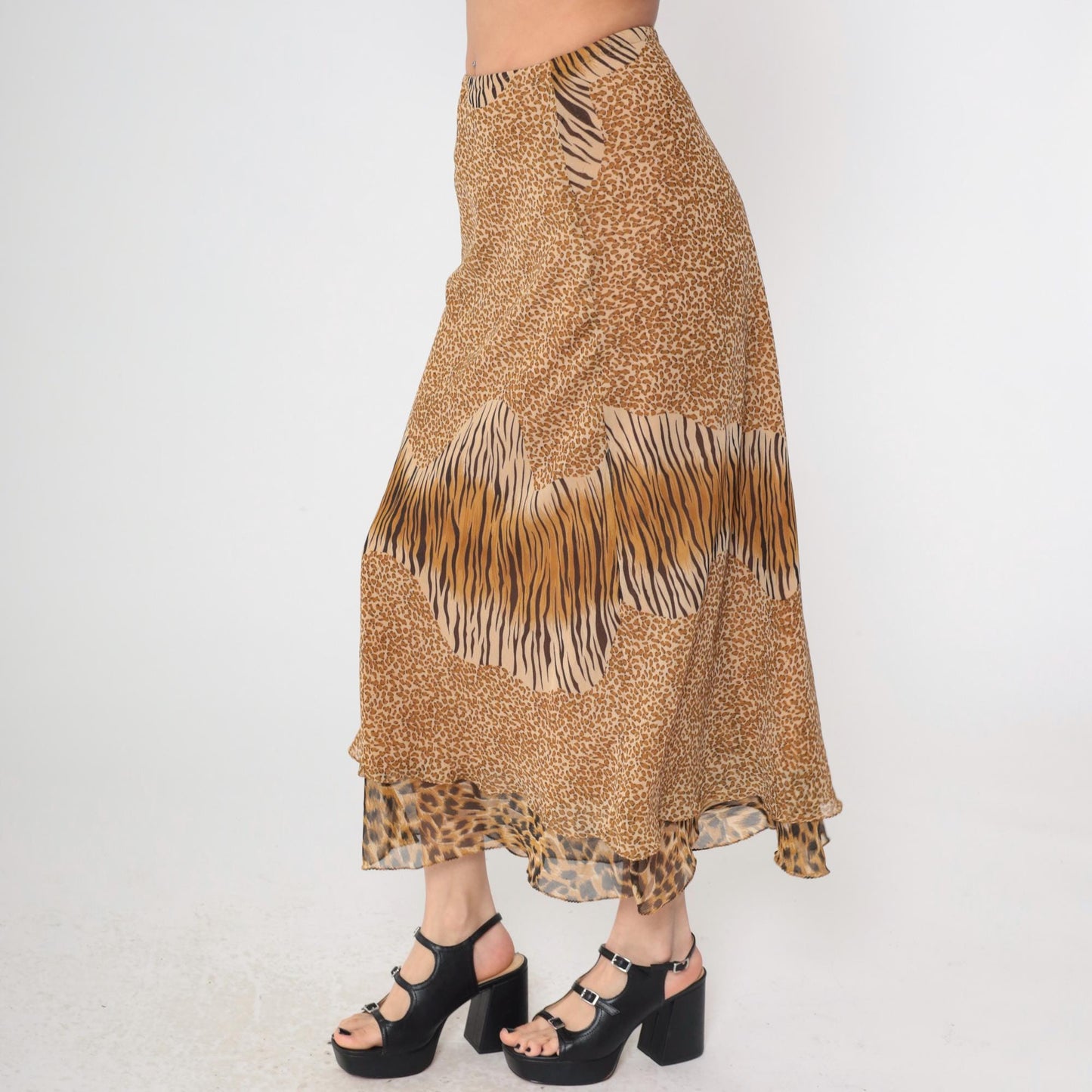 Y2K Mixed Animal Print Midi Skirt Leopard Zebra Cheetah Tiered Ruffle Medium