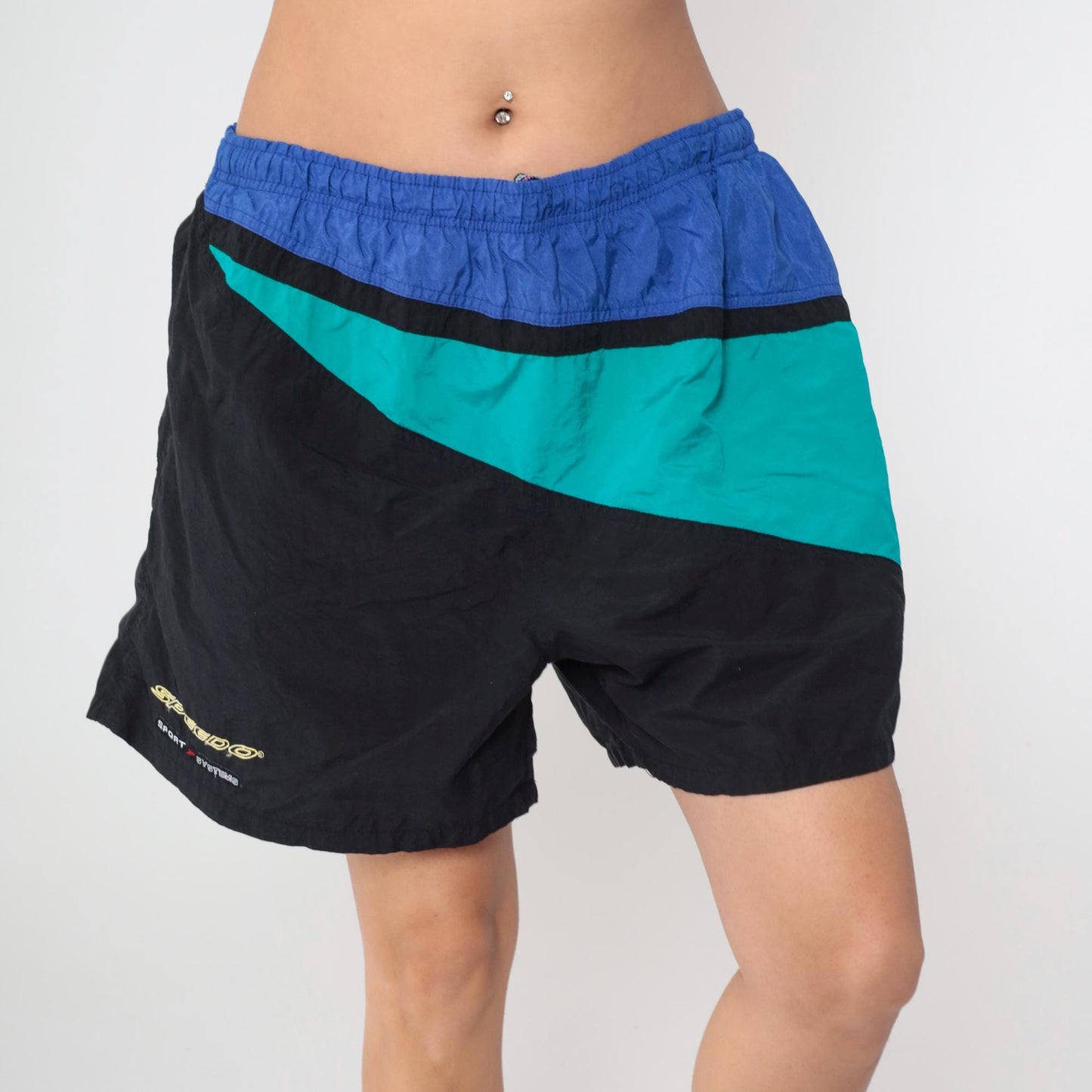 90s Speedo Colorblock Swim Trunks Black Yellow Blue Green Nylon Large L