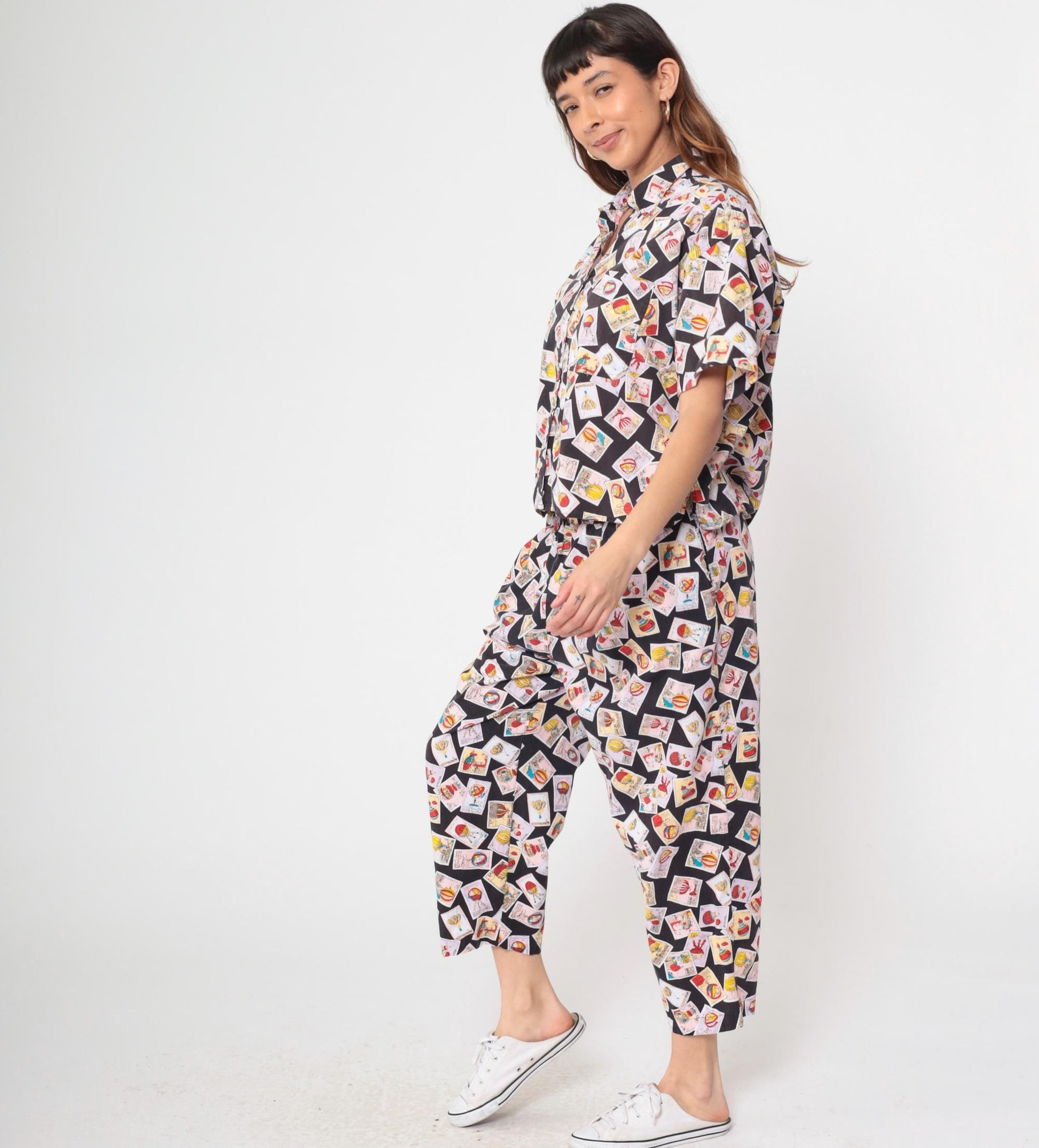 90s Hot Air Balloon Stamp Print Matching Set Shirt Pants Large L