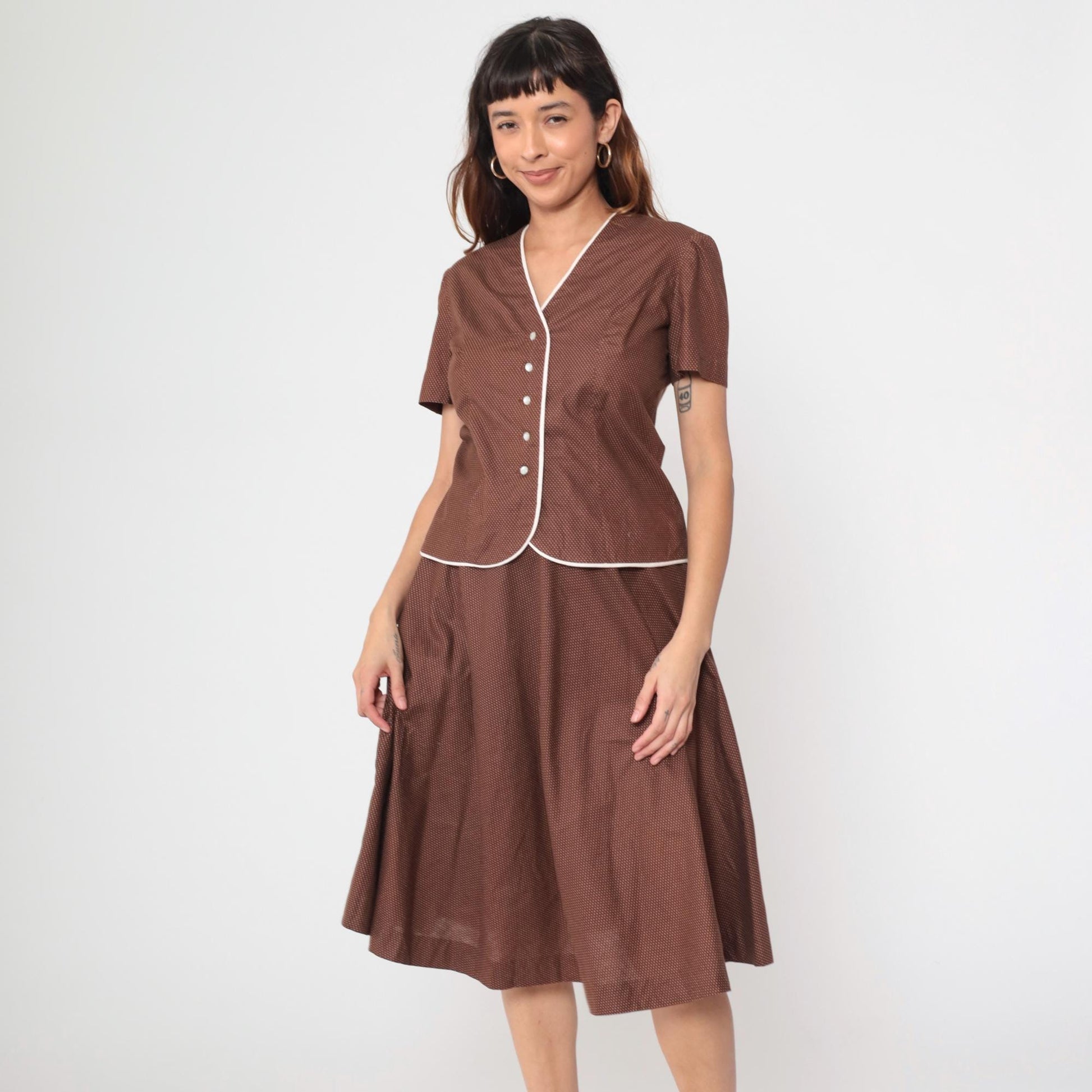 70s Brown Swiss Dot Two Piece Set Short Sleeve Blouse Pleated Mini Skirt Medium