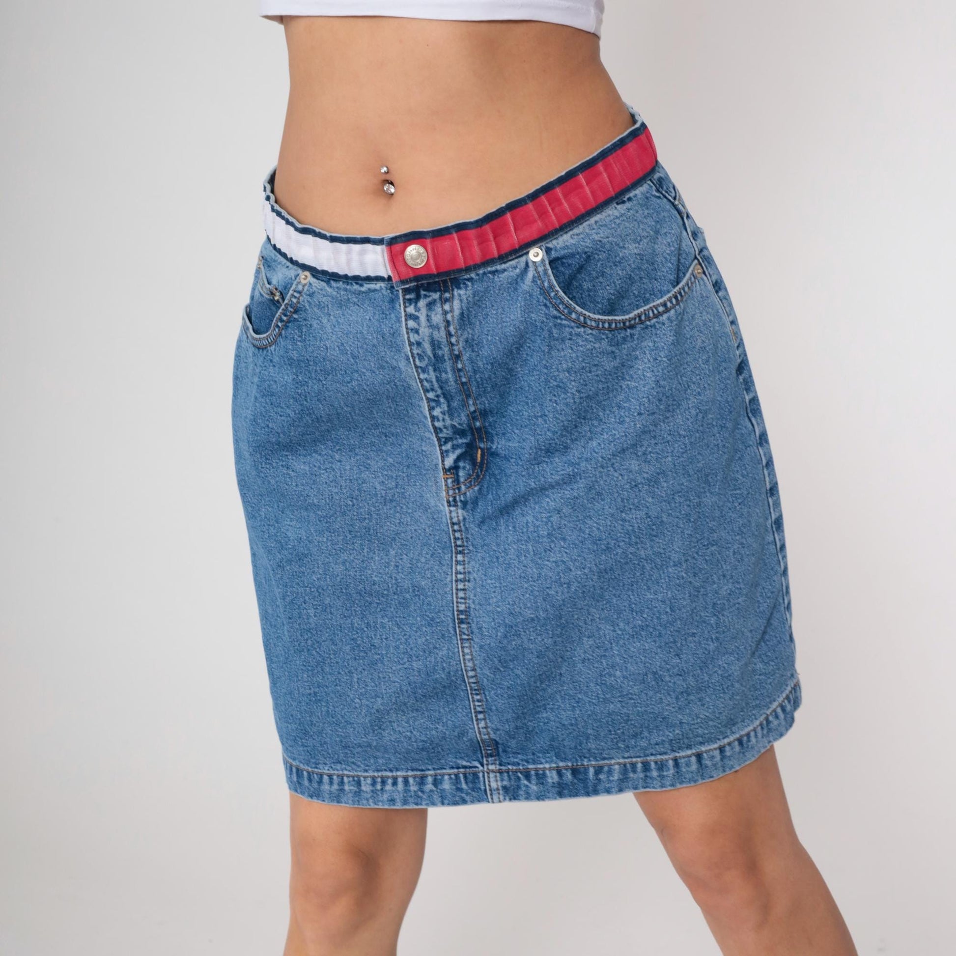 Tommy Hilfiger Y2K Denim Mini Skirt High Waist Blue Pencil Extra Large