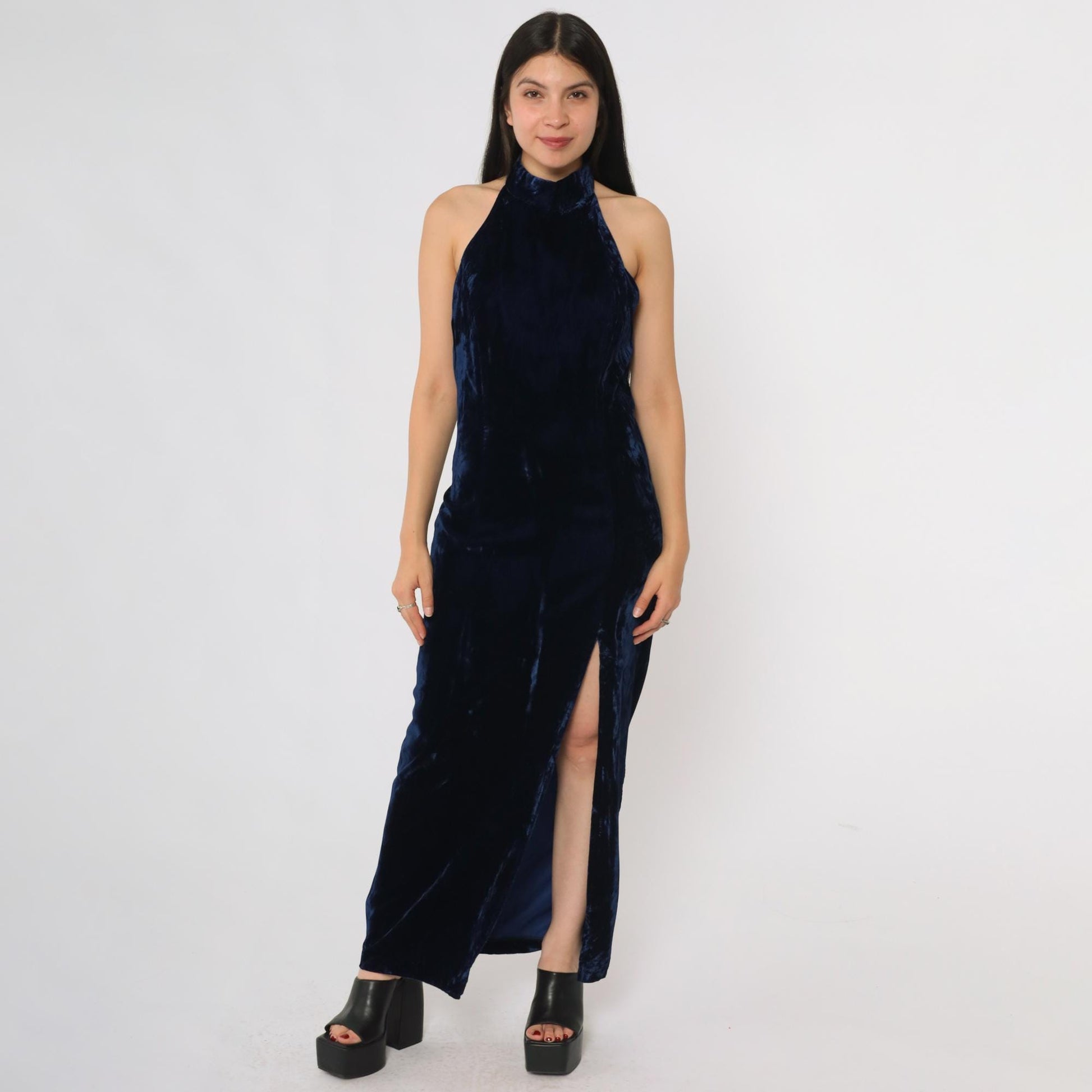 90s Navy Velvet Halter Maxi Dress Susan Roselli Open Back Small