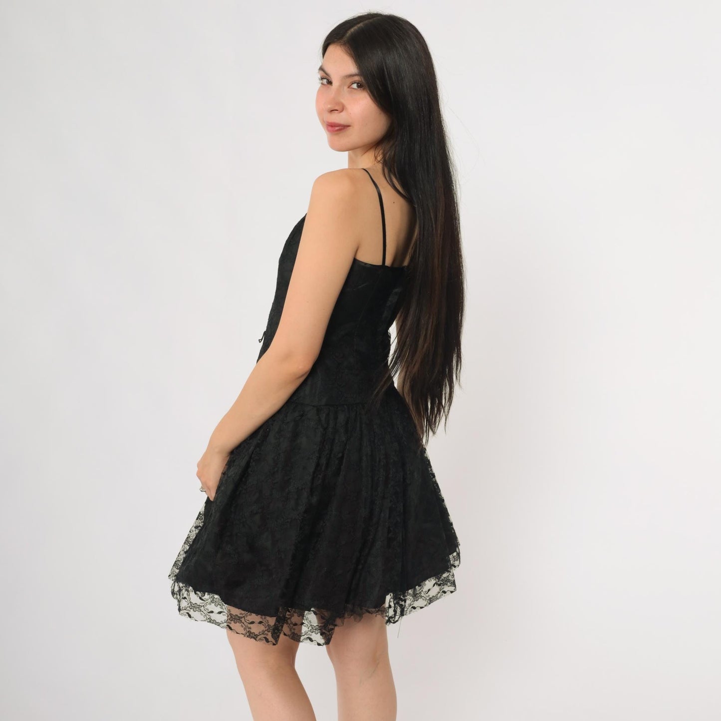 90s Black Lace Mini Dress Drop Waist Skater Prom Extra Small XS