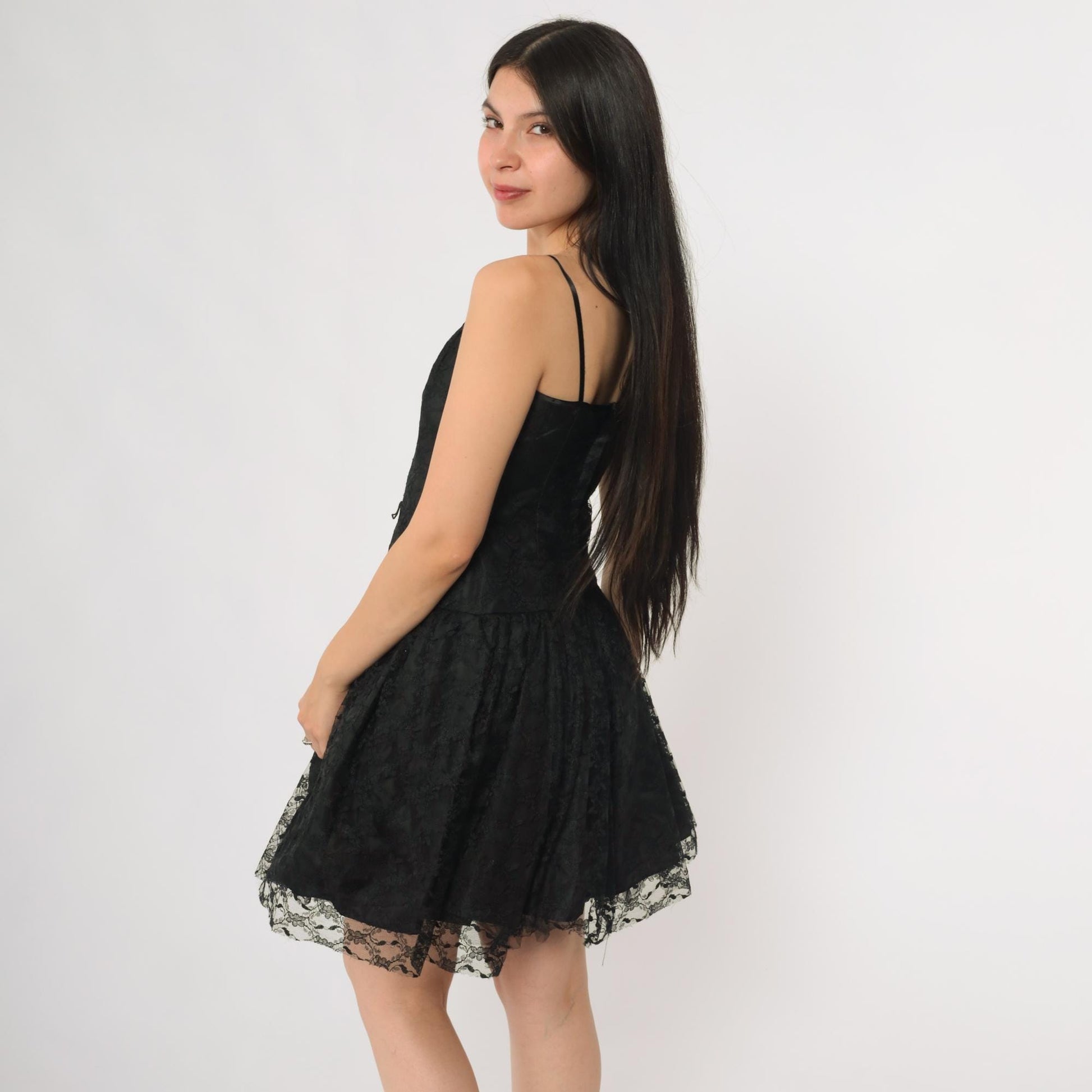 90s Black Lace Mini Dress Drop Waist Skater Prom Extra Small XS